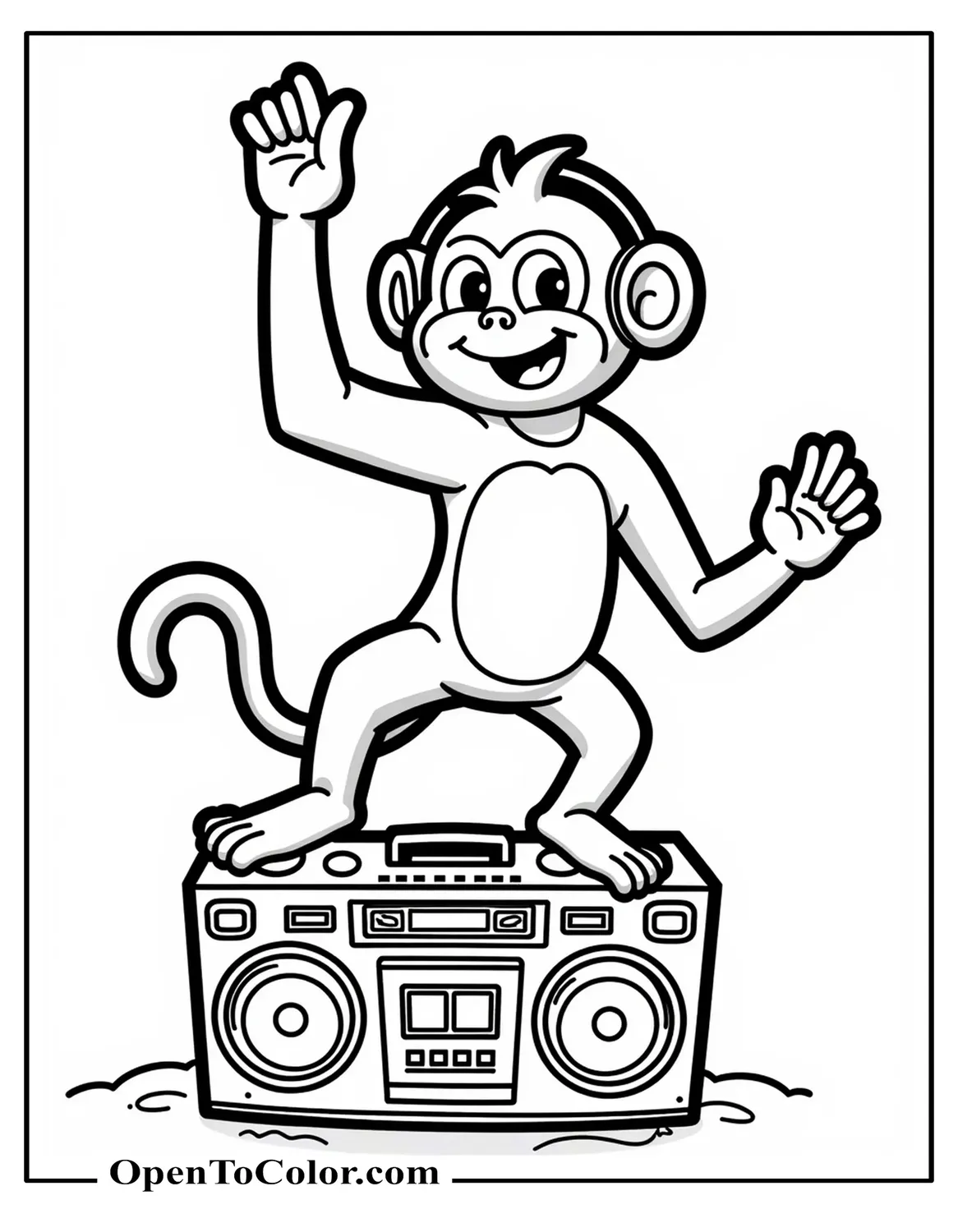 Dancing monkey coloring page, wearing headphones, breakdancing on boombox, printable.