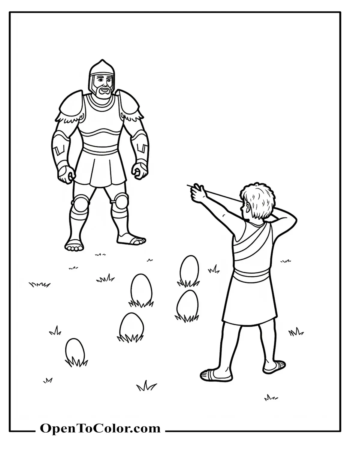 Printable Coloring Sheet: Activity Page of David Aiming Sling at Five Numbered Stones on Ground, Distant Armored Goliath Taunting
