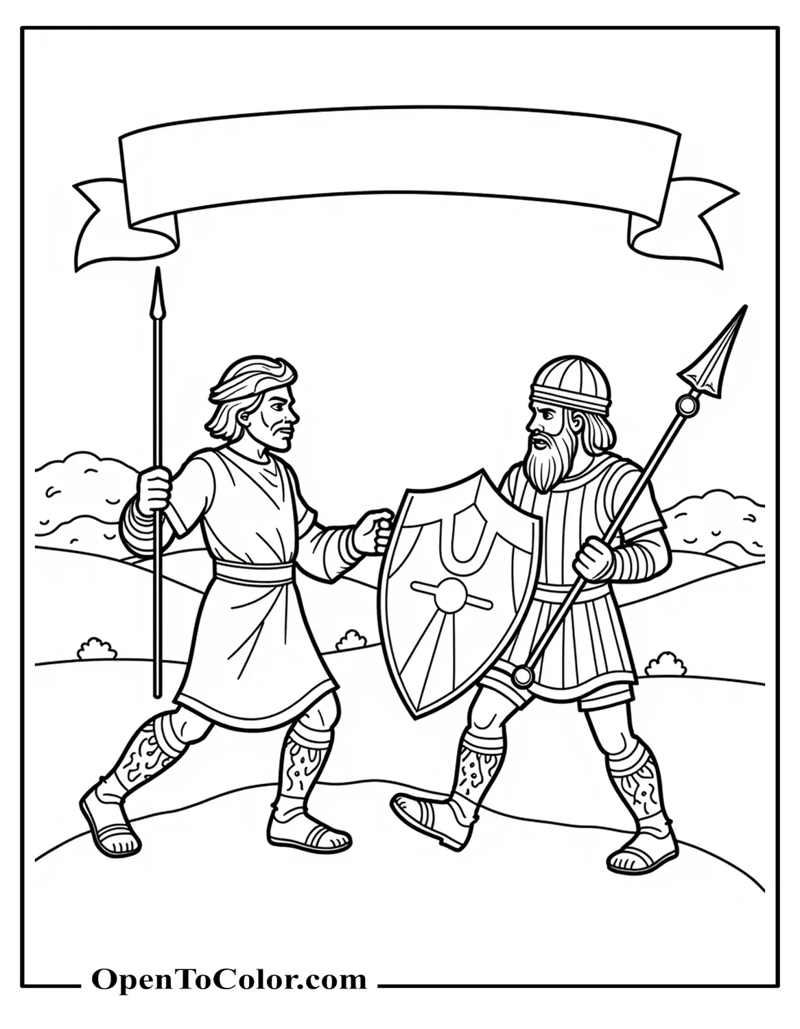 Free Coloring Sheet: Coloring-Book Cover, Title Banner Atop David (Staff and Sling) and Goliath (Tower Shield) Facing Each Other, Blank Valley Backdrop