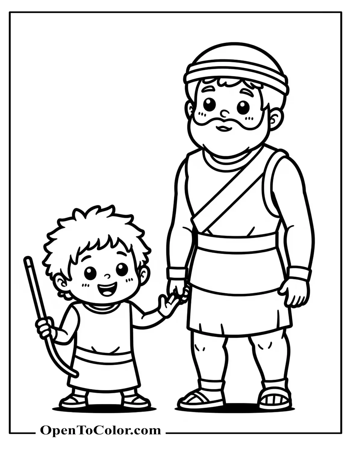 Coloring Page PDF: Toddler Kawaii, Round-Faced David Holding Sling-Shot, Plush-Style Goliath Towering, Gentle Smiles, Big Outlines