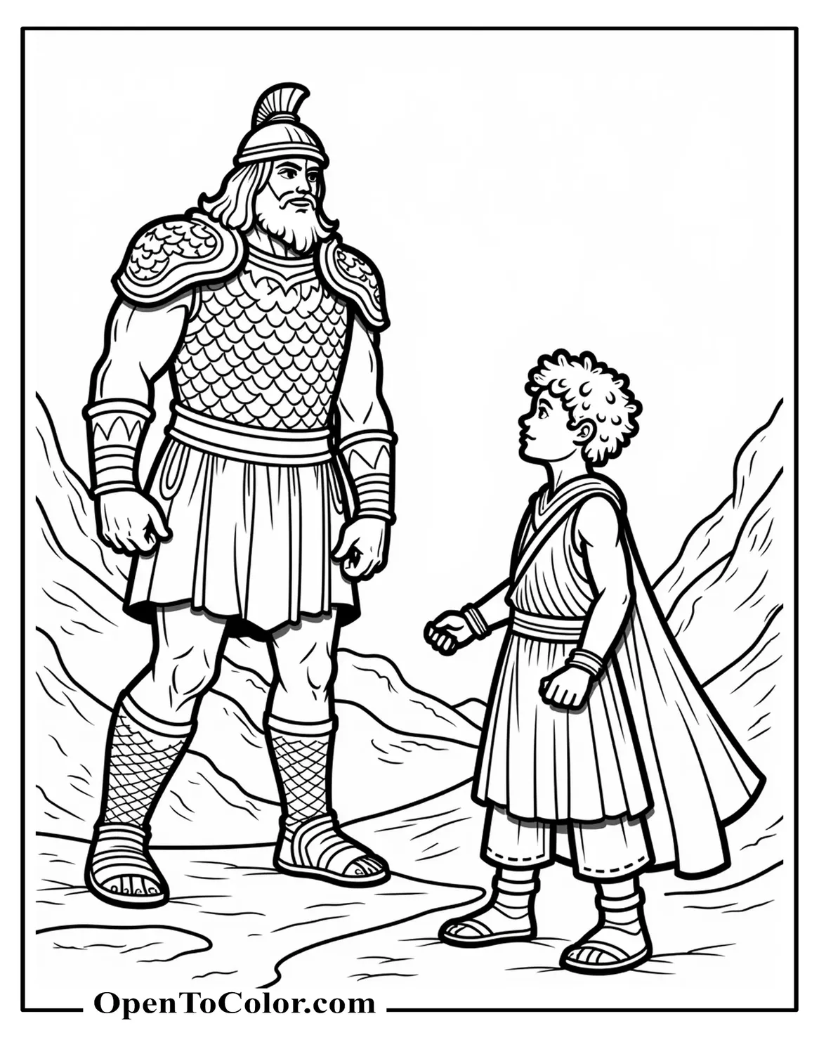 Coloring Page PDF: Realistic Teenage David (Sun-Tanned, Curly Chestnut Hair, Wool Shepherd Tunic) Confronts Towering Goliath (9-Foot Giant, Bronze Scale Armor, Ash-Black Beard, Crested Helmet) in Rocky Valley