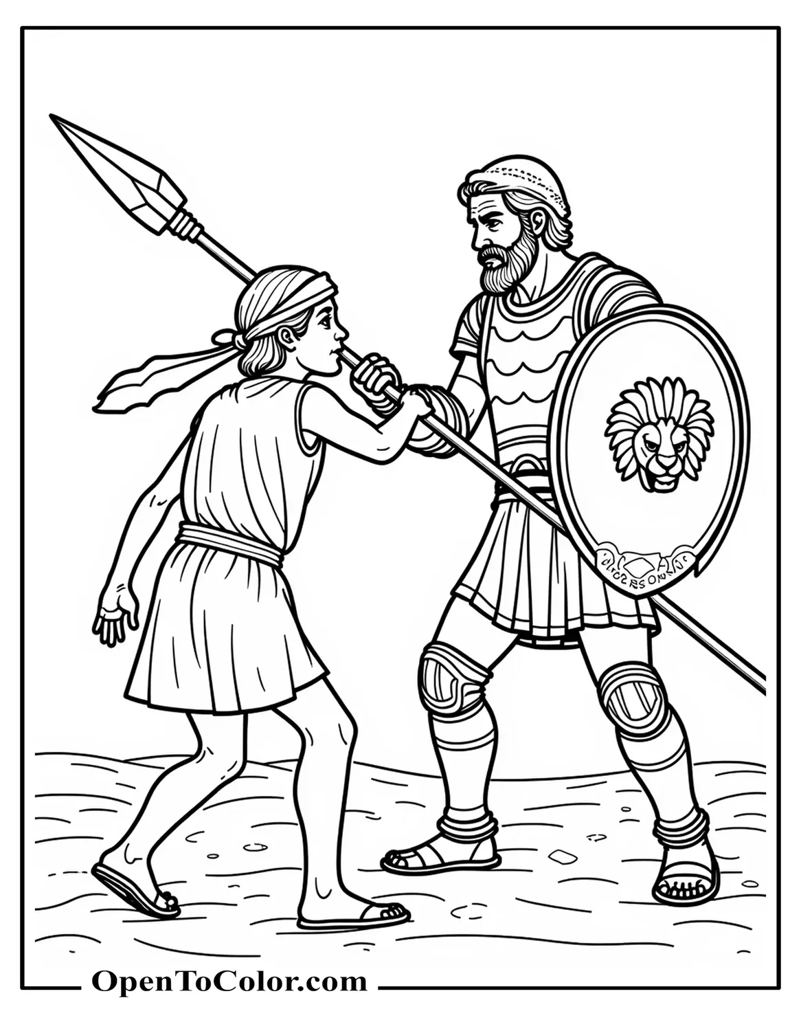 Detailed Line Art Coloring Sheet: Printable David (Freckles, Linen Headband) Squaring Off Against Armored Goliath (Massive Spear, Lion-Engraved Breastplate) On Dusty Plain