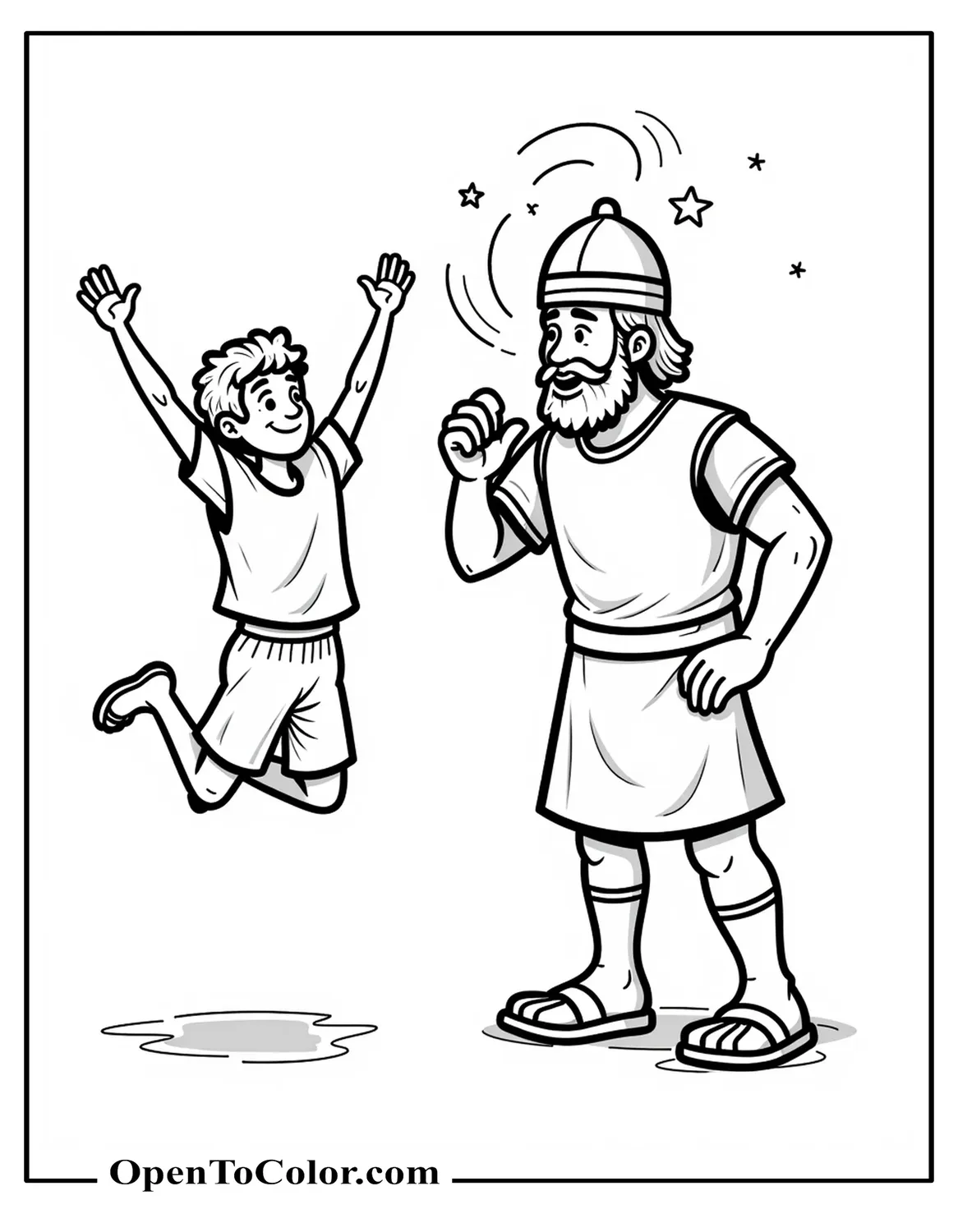Printable Kids Comic Coloring Page: David (Goat-Hide Vest) Leaping in Victory; Bearded Goliath Dizzy with Swirling Stars Around Helmet