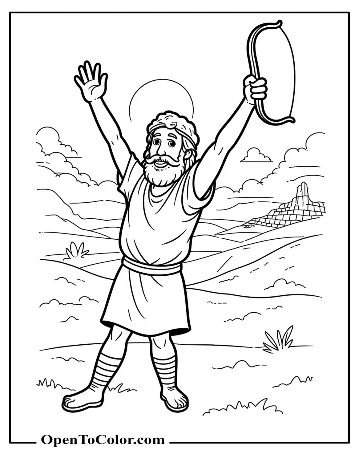 Free Cartoon David Celebrating—Arms Raised, Holding A Slingshot; Sunrise Over Valley Coloring Page