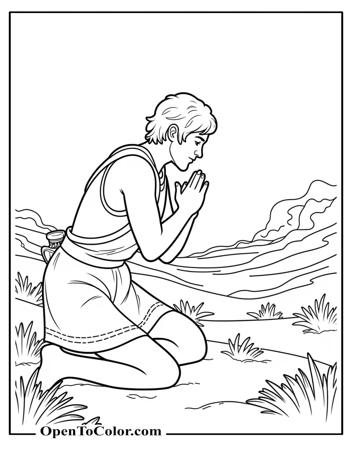 David kneeling on one knee in dawn light praying, slingshot and pouch beside him, coloring sheet PDF