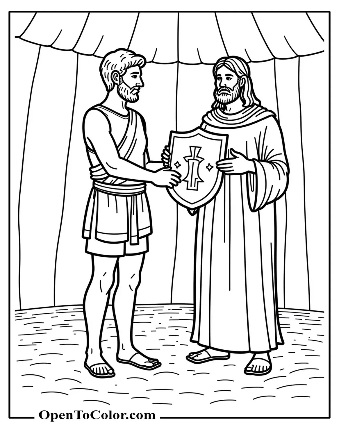Tent interior coloring sheet: David giving an oversized bronze armor to King Saul (robed, bearded), striped tent walls, printable.