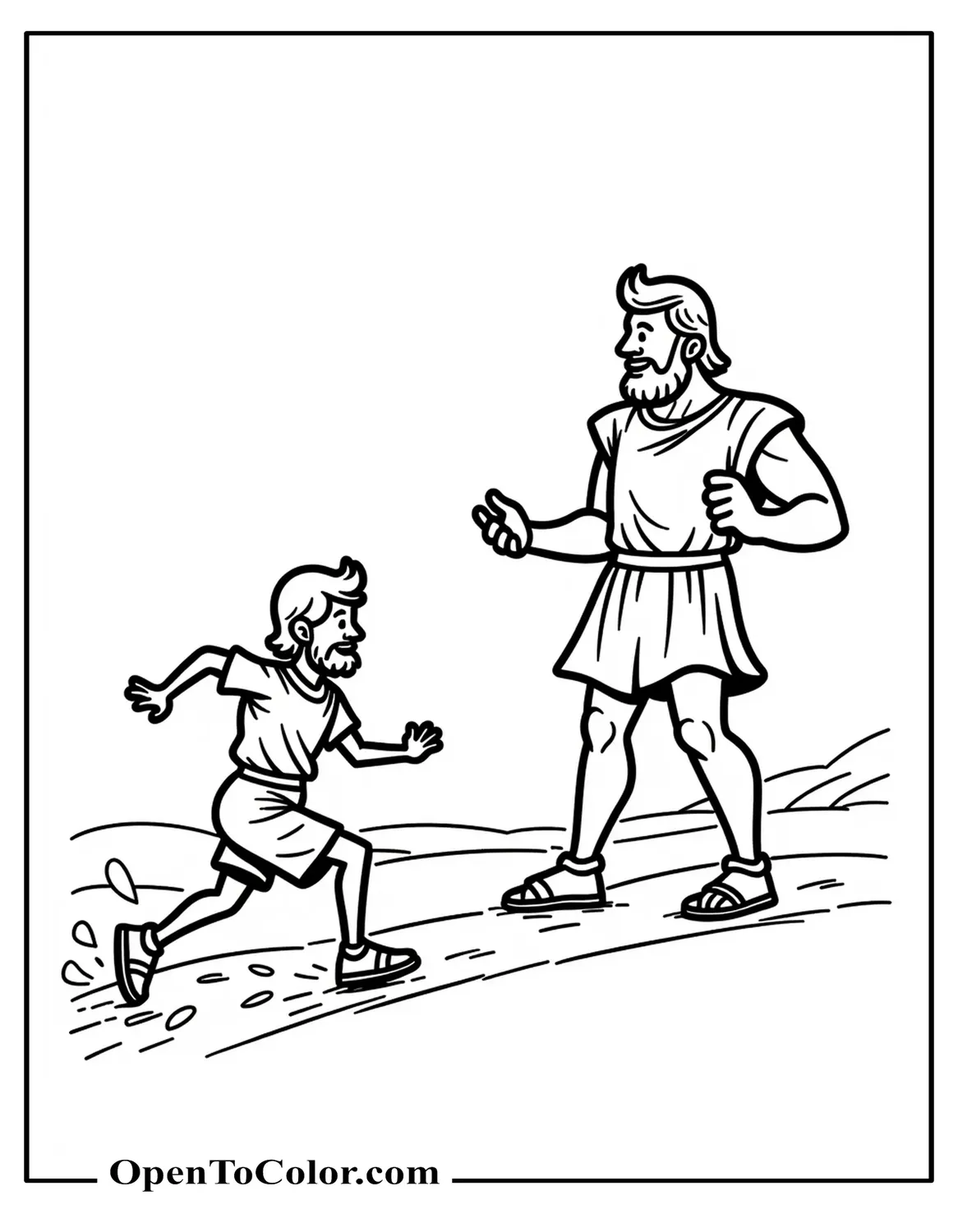 Cartoon Action: David Sprinting Toward Goliath, Dust Clouds Under Sandals, Printable Coloring Page