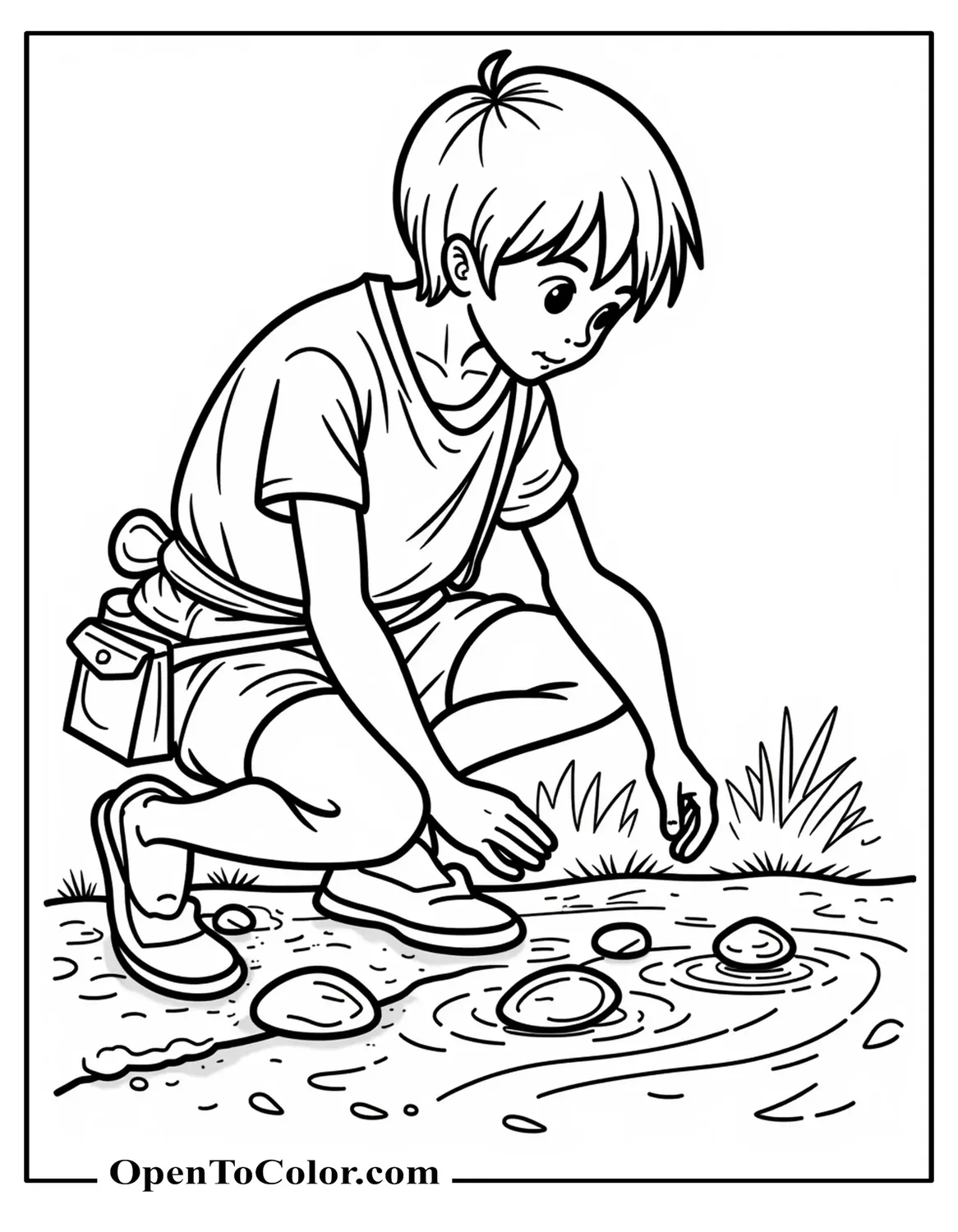 Cartoon David Crouched at Brook Choosing Five Smooth River Stones, Sling Pouch at Waist Coloring Sheet PDF