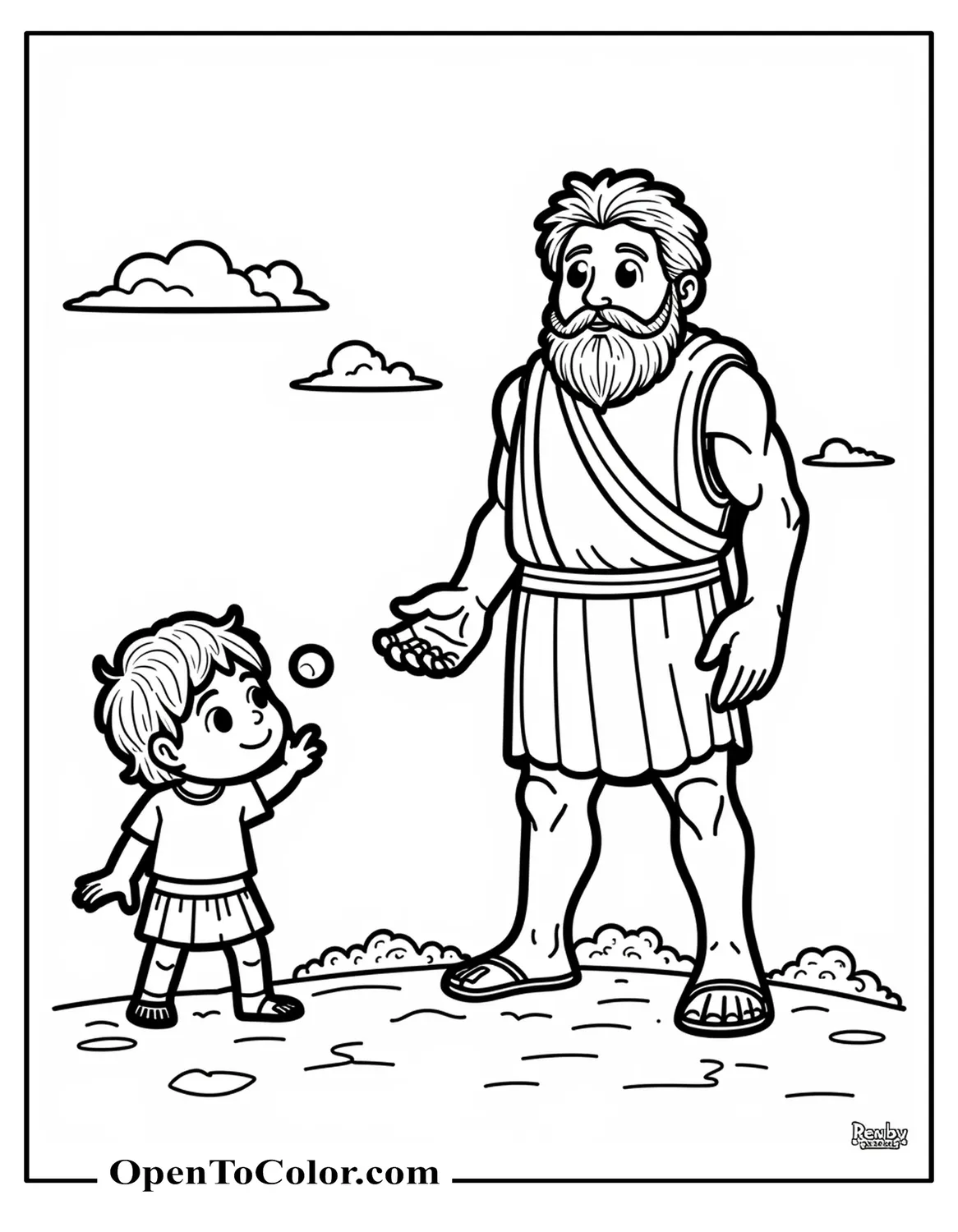 Funkopop: Big-Headed David Throwing A Pebble; Big-Headed Goliath Wide-Eyed In Disbelief, Simple Sky, Free Coloring Sheet
