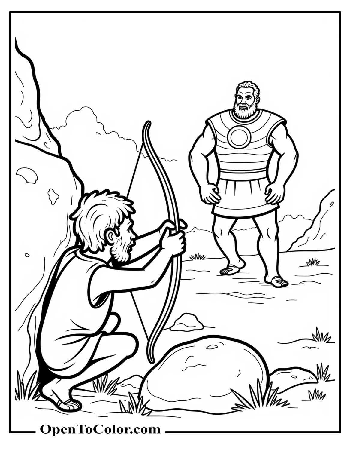 Free Coloring Sheet: David With Clenched Slingshot Hiding Behind Boulder, Peeking At Advancing Goliath From Afar
