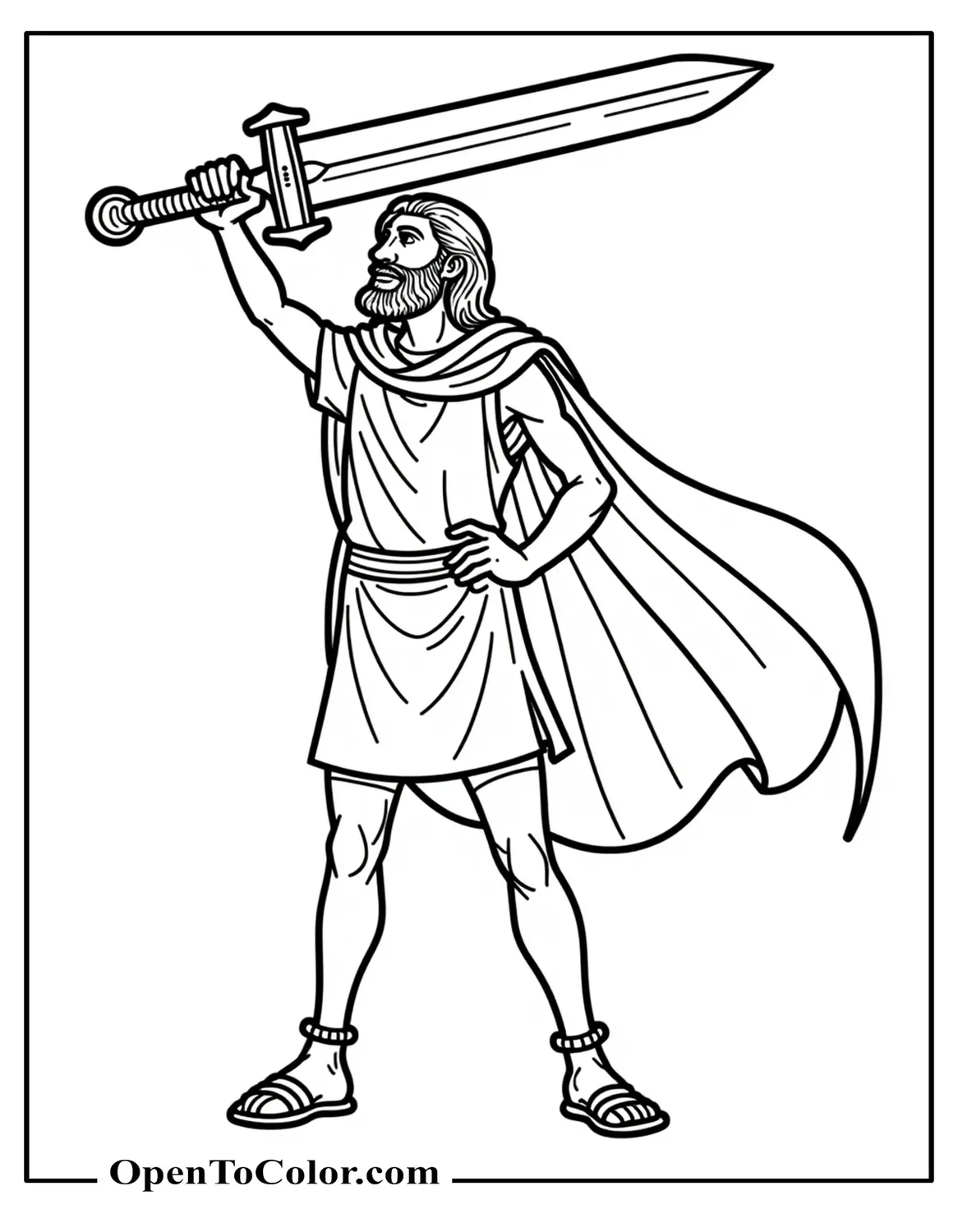 David Gripping Enormous Goliath Sword Triumphantly, Tattered Cloak Billowing, Coloring Sheet PDF