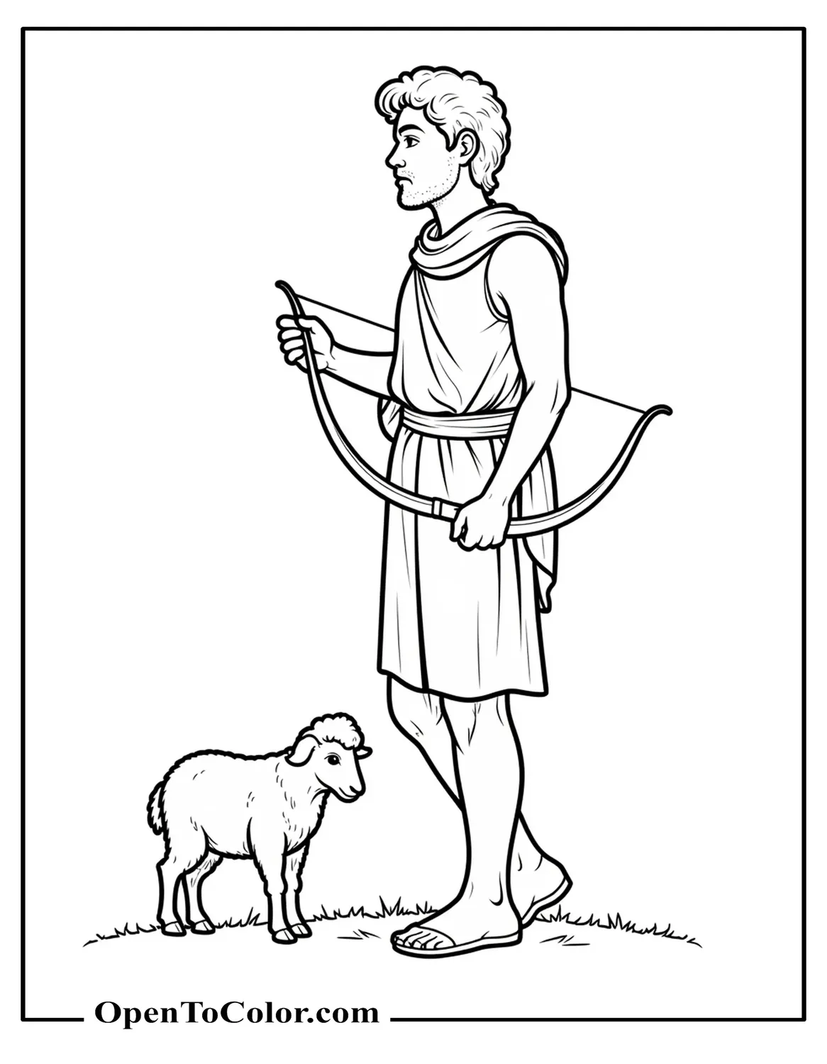 Profile of David Holding Shepherd’s Slingshot Draped Over Shoulder, Single Sheep Grazing Nearby, Coloring Page PDF