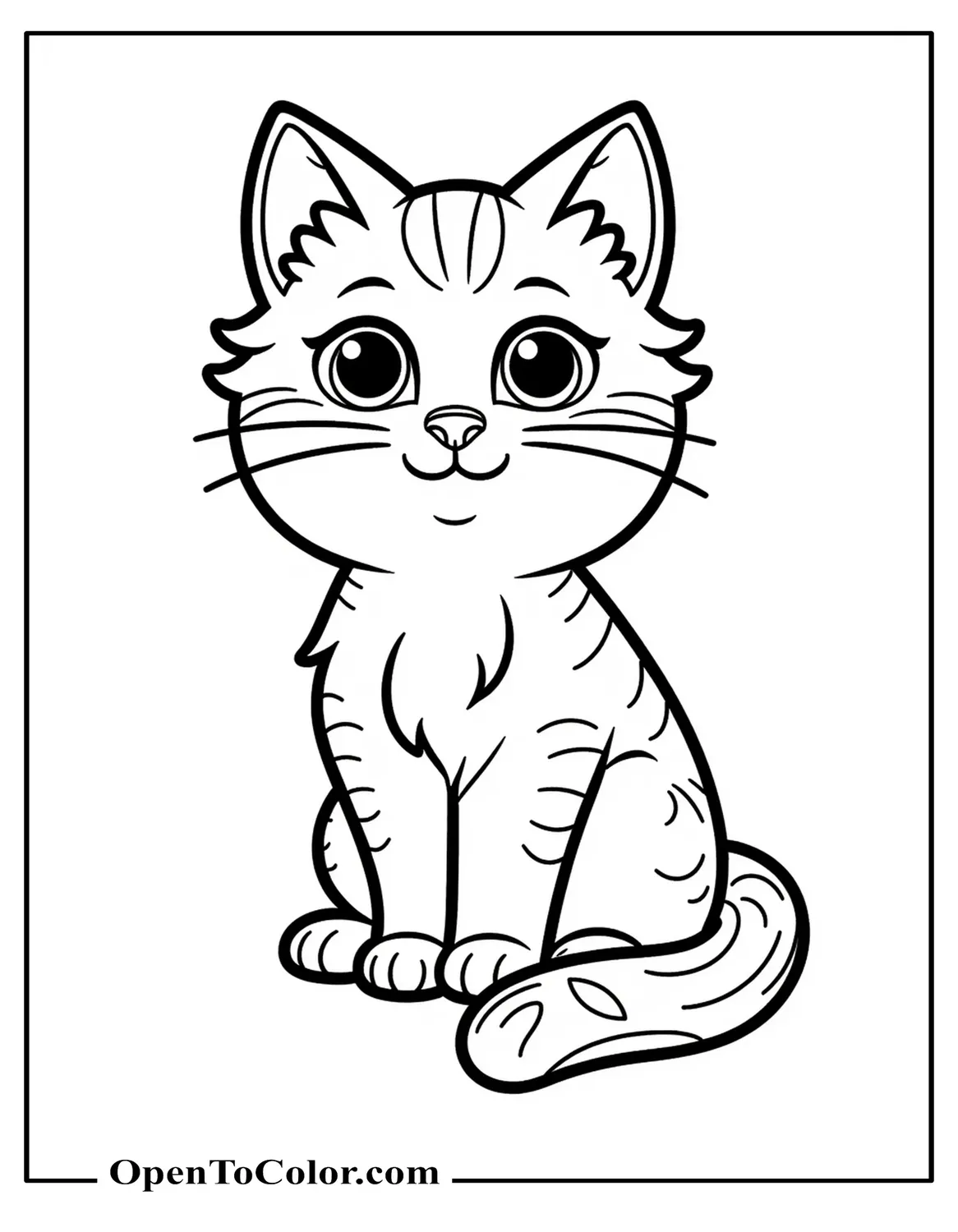 Printable Coloring Sheet of Cat with Layered Fur, Detailed Whiskers, and Patterned Tail