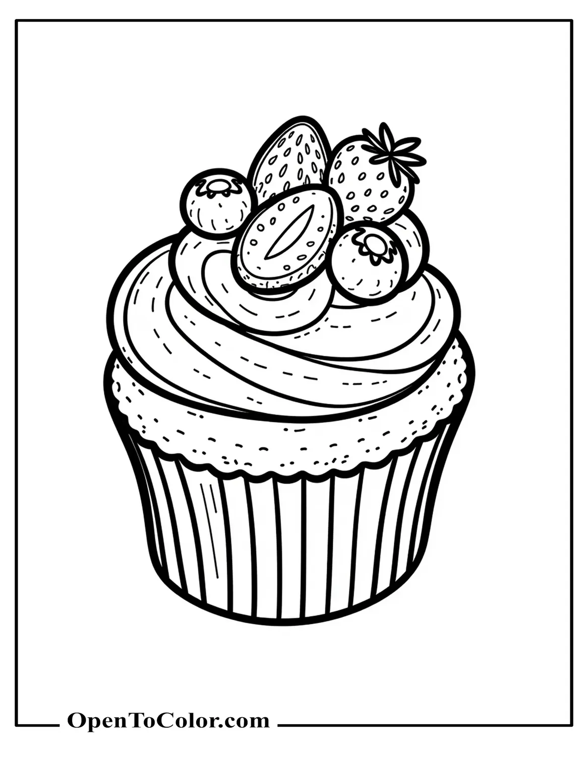 Free Coloring Page of a Detailed Cupcake Topped with Sliced Strawberries and Blueberries