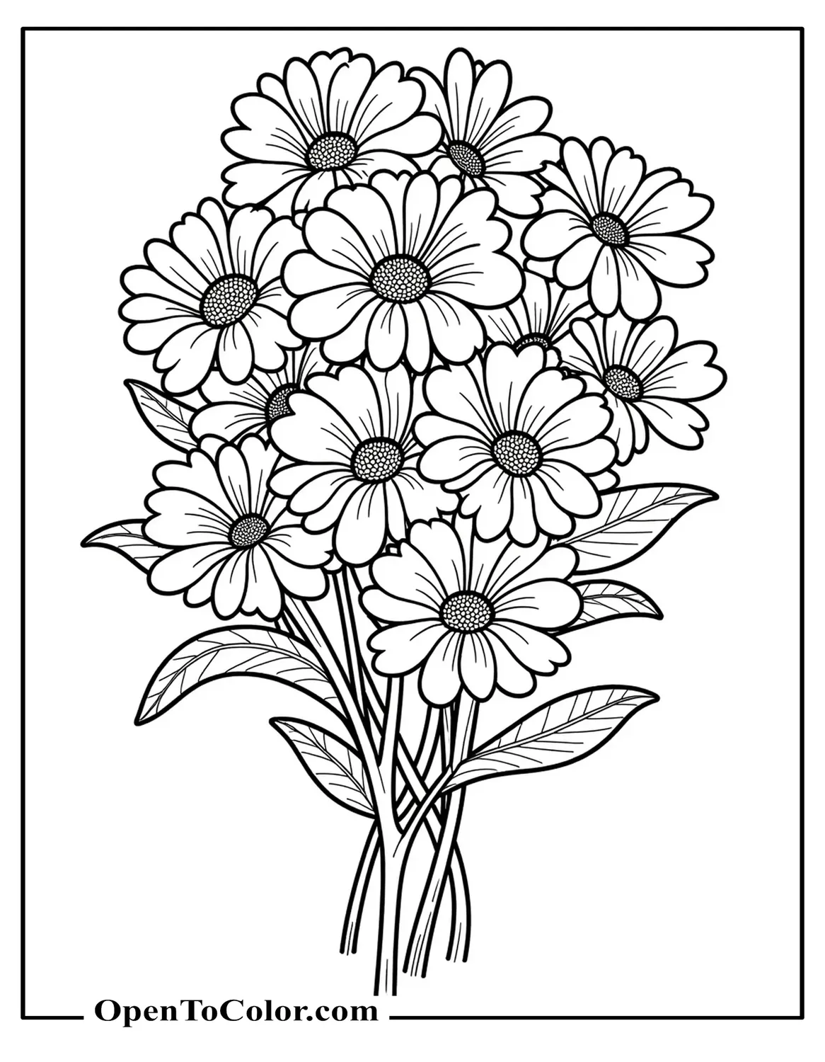 Printable Coloring Sheet of a Large Cluster of Flowers with Complex Overlapping Details