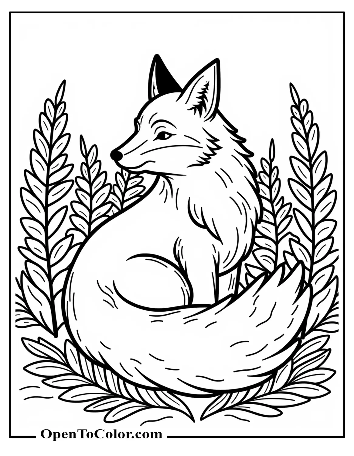 Highly Detailed Fox Curled Among Forest Ferns Coloring Page PDF