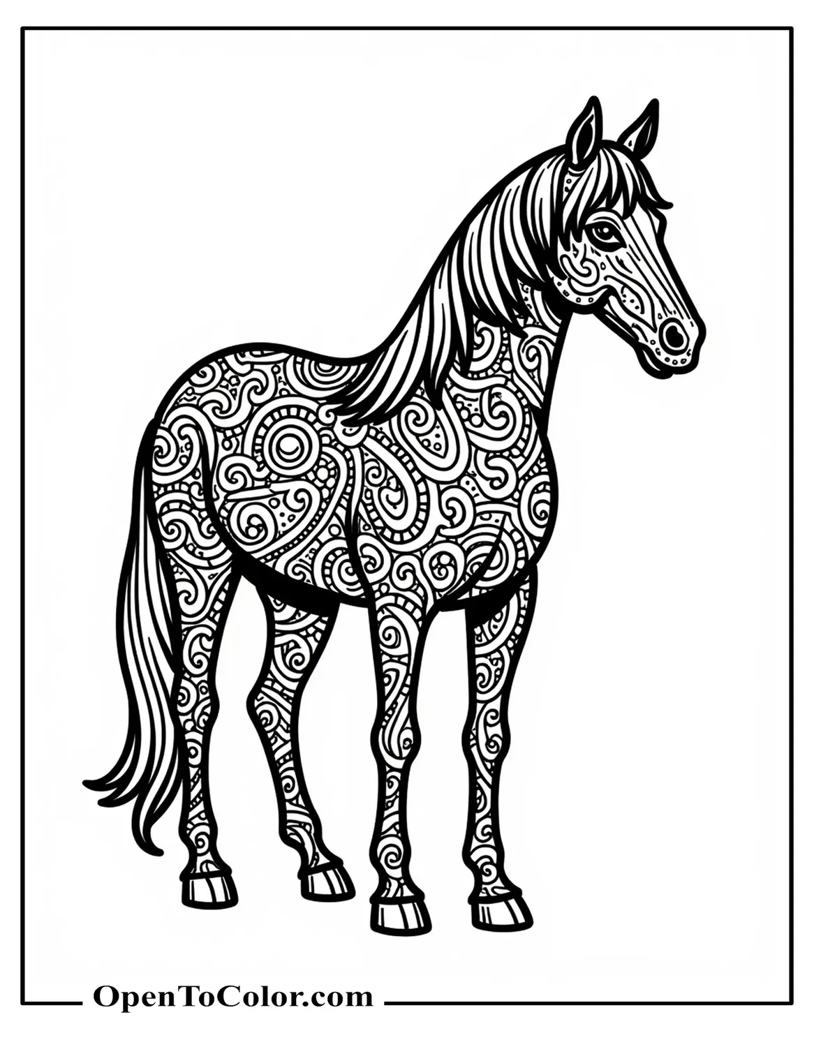 Free Coloring Sheet of a Highly Detailed Horse Covered in Paisley Patterns