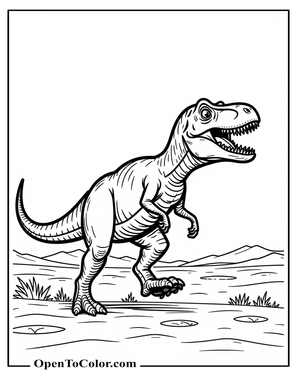 Realistic T-Rex sprinting across open plain coloring page PDF