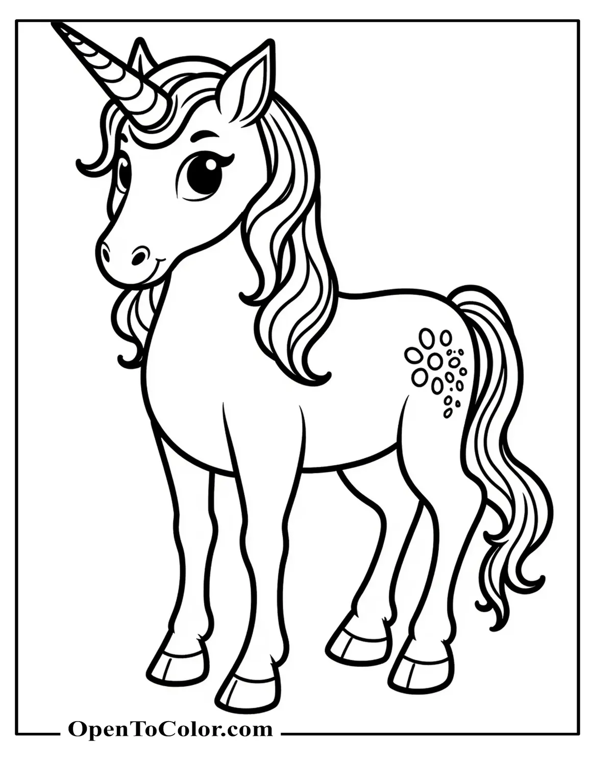 Printable Coloring Sheet of a Unicorn with Detailed Mane and Leg Patterns