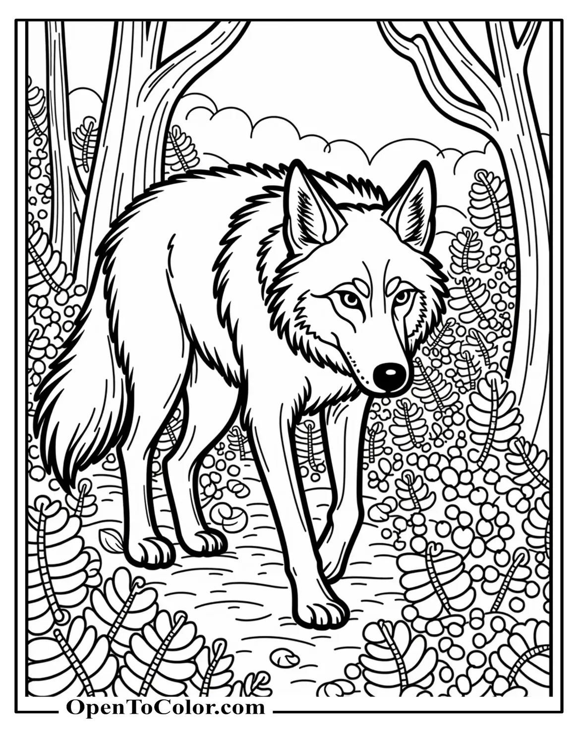 Ultra-detailed wolf coloring sheet walking through dense forest of ferns and vines, printable.