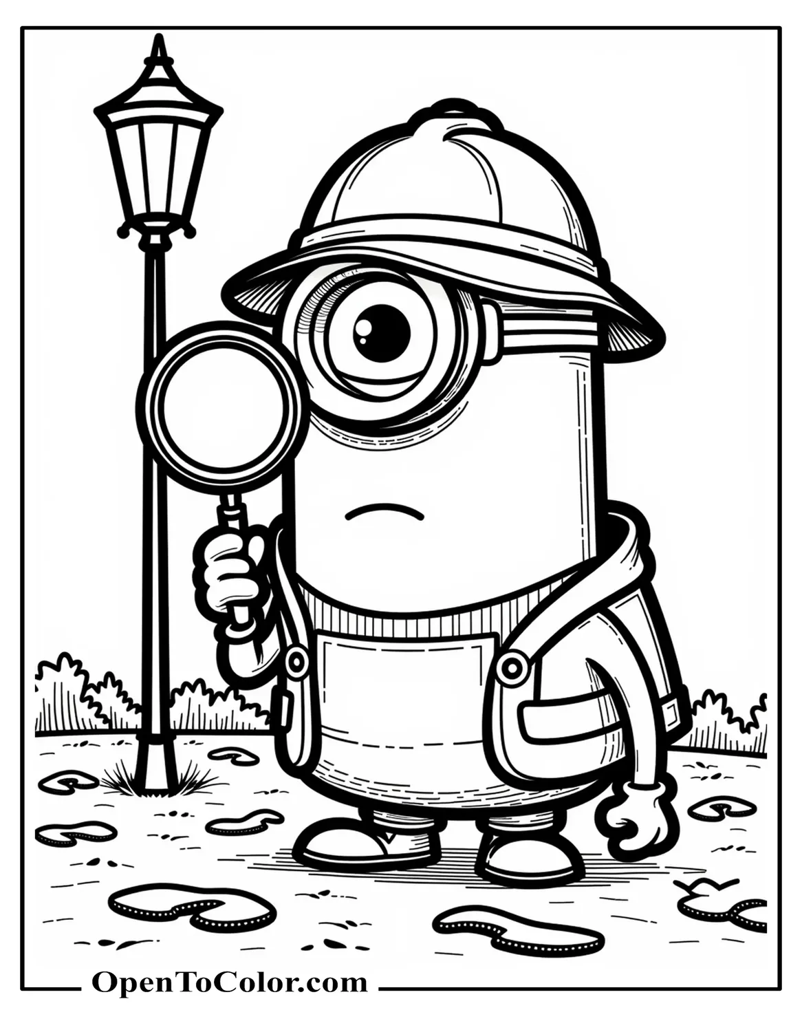 Detective Minion Examining Footprints With Magnifying Glass, Streetlamp Backdrop, Coloring Page PDF