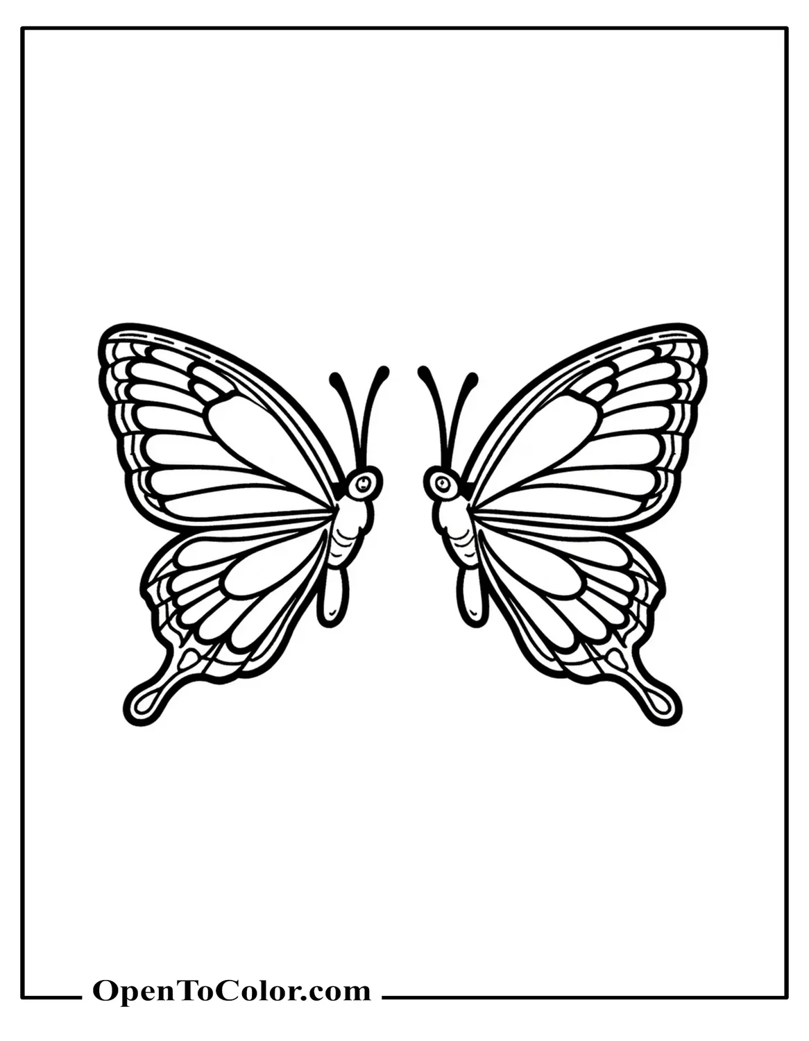 Free Coloring Page of Two Butterflies Displaying Contrasting Wing Patterns in Mirror Pose