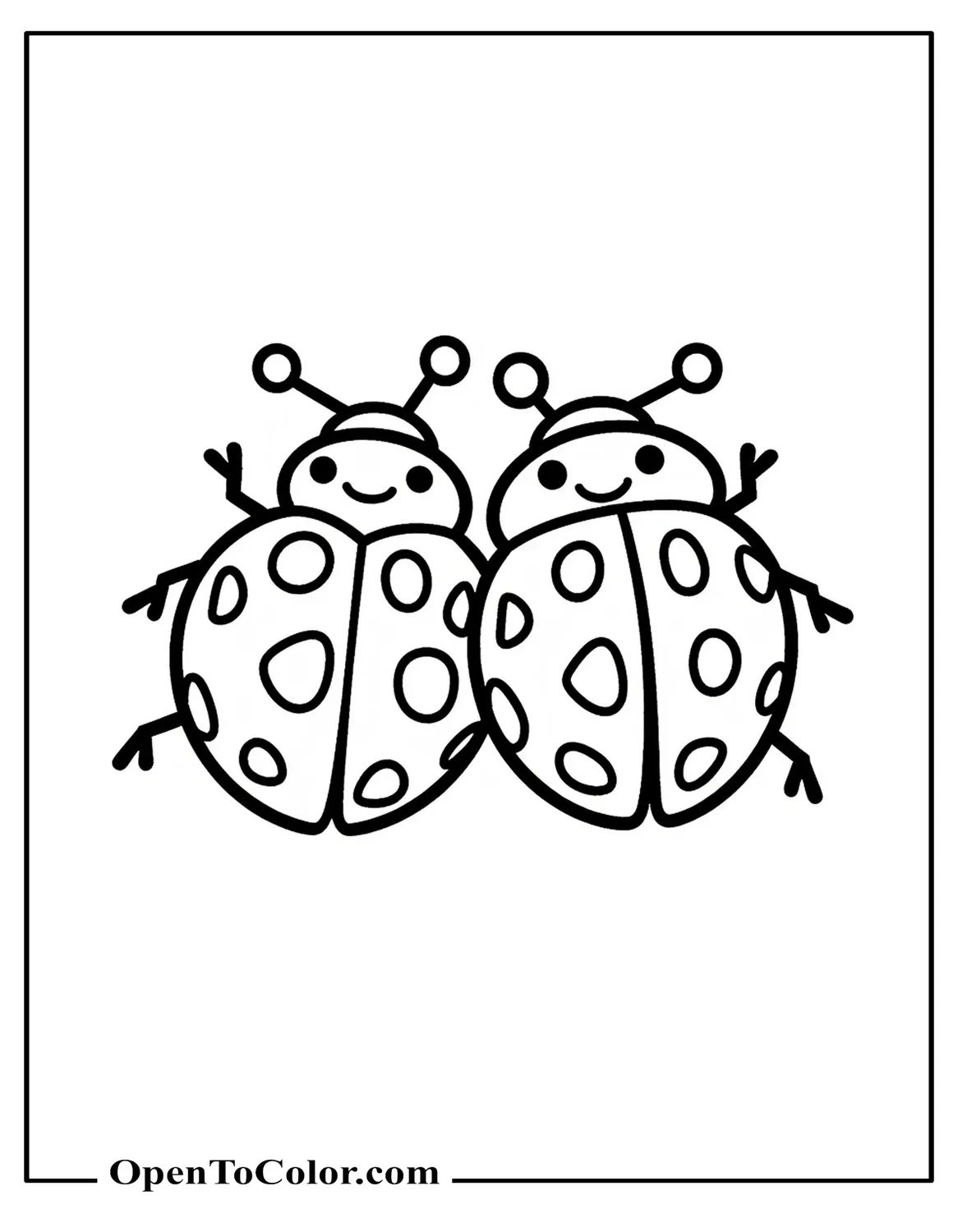 Free Coloring Sheet of Two Ladybugs Side-By-Side, Each With Unique Spot Patterns