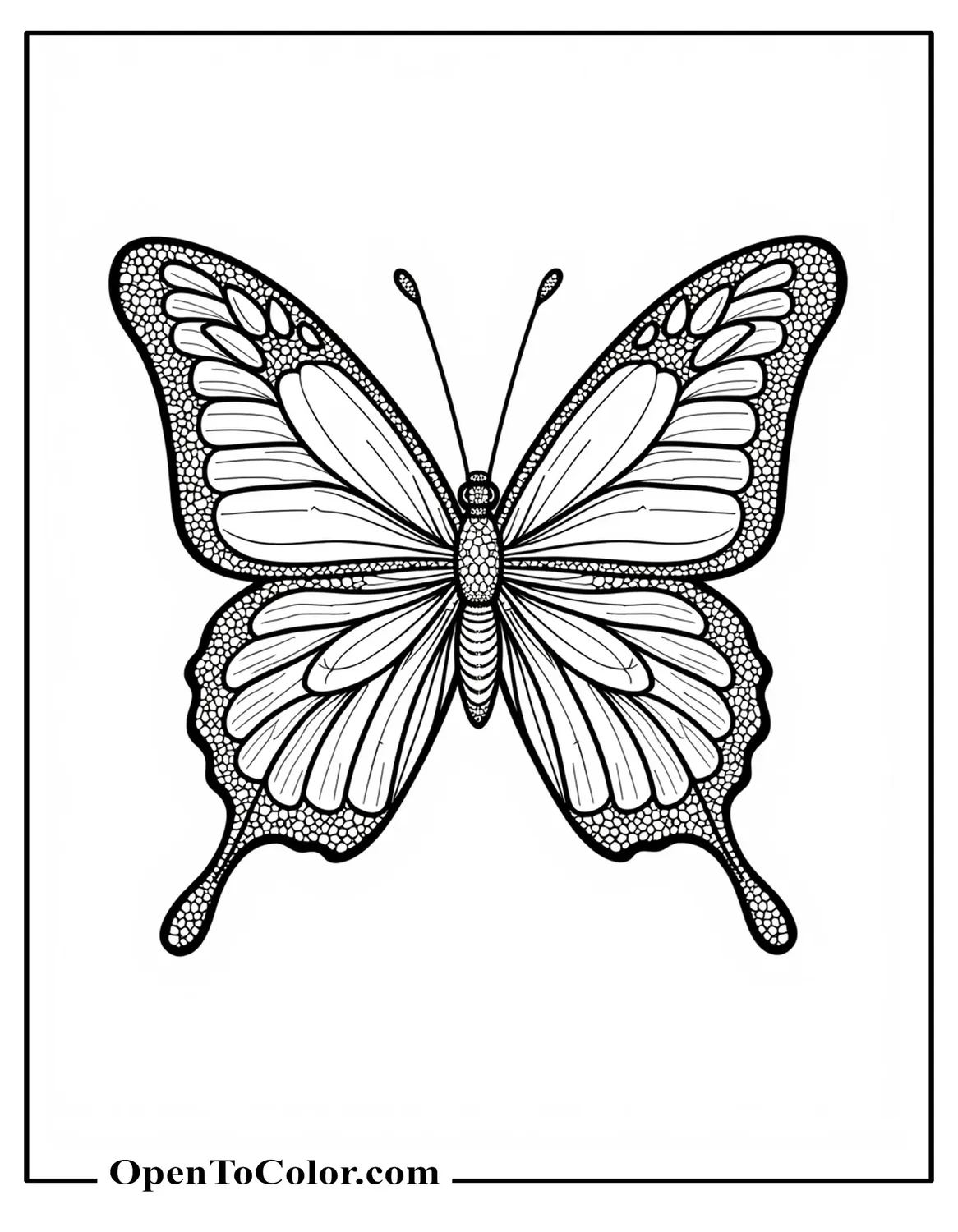 An advanced butterfly coloring sheet design filled with printable micro-mosaic details