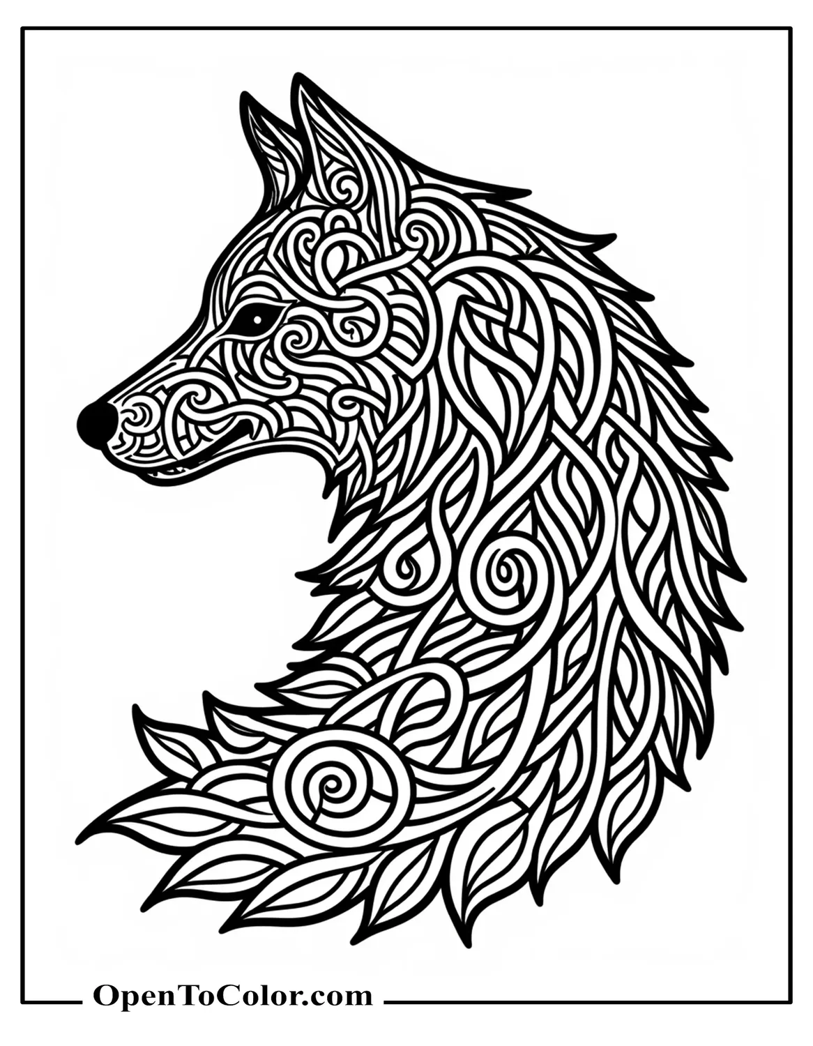 Coloring page with a complex pattern of interwoven vines forming a wolf silhouette, printable for adults.