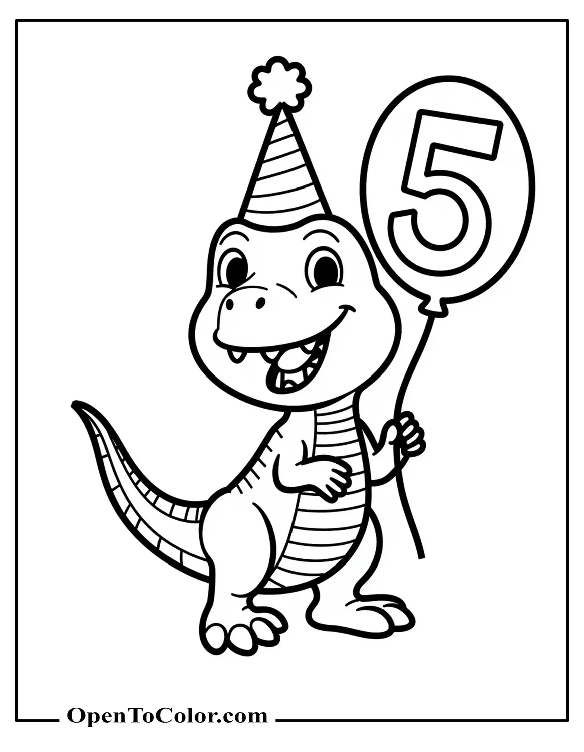 Free coloring sheet of Chibi T-Rex wearing party hat holding balloon shaped like number 5.