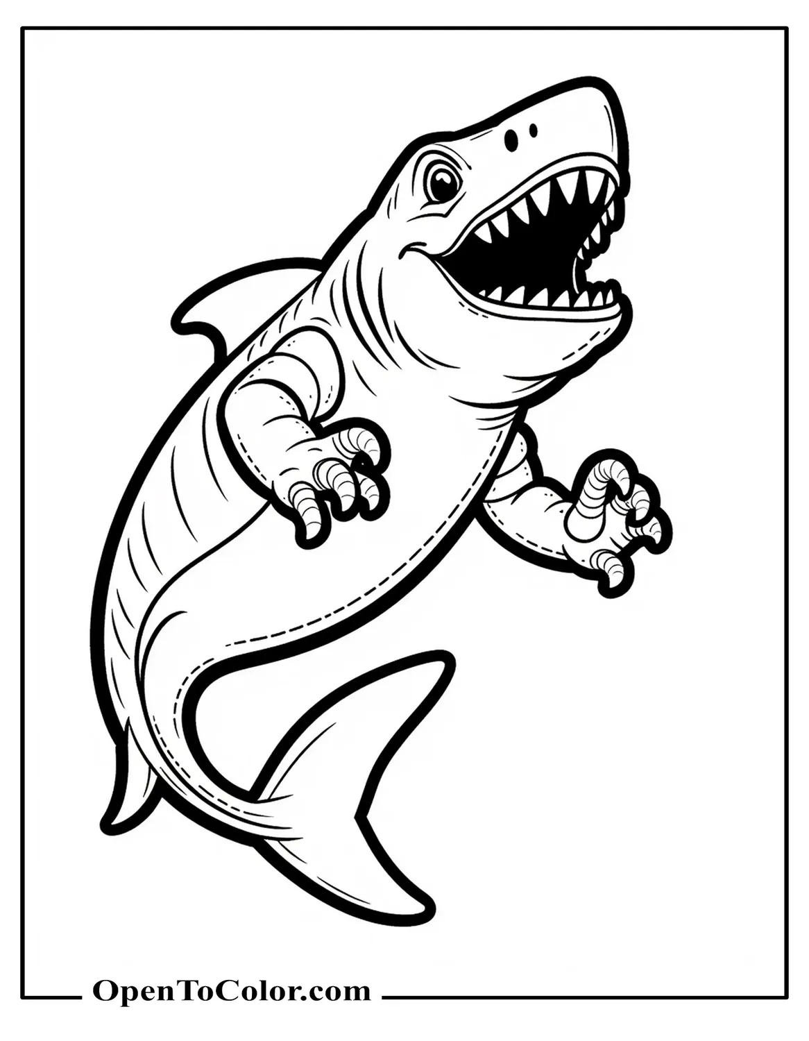Free Coloring Page of Shark with Tiny T-Rex Arms Instead of Pectoral Fins