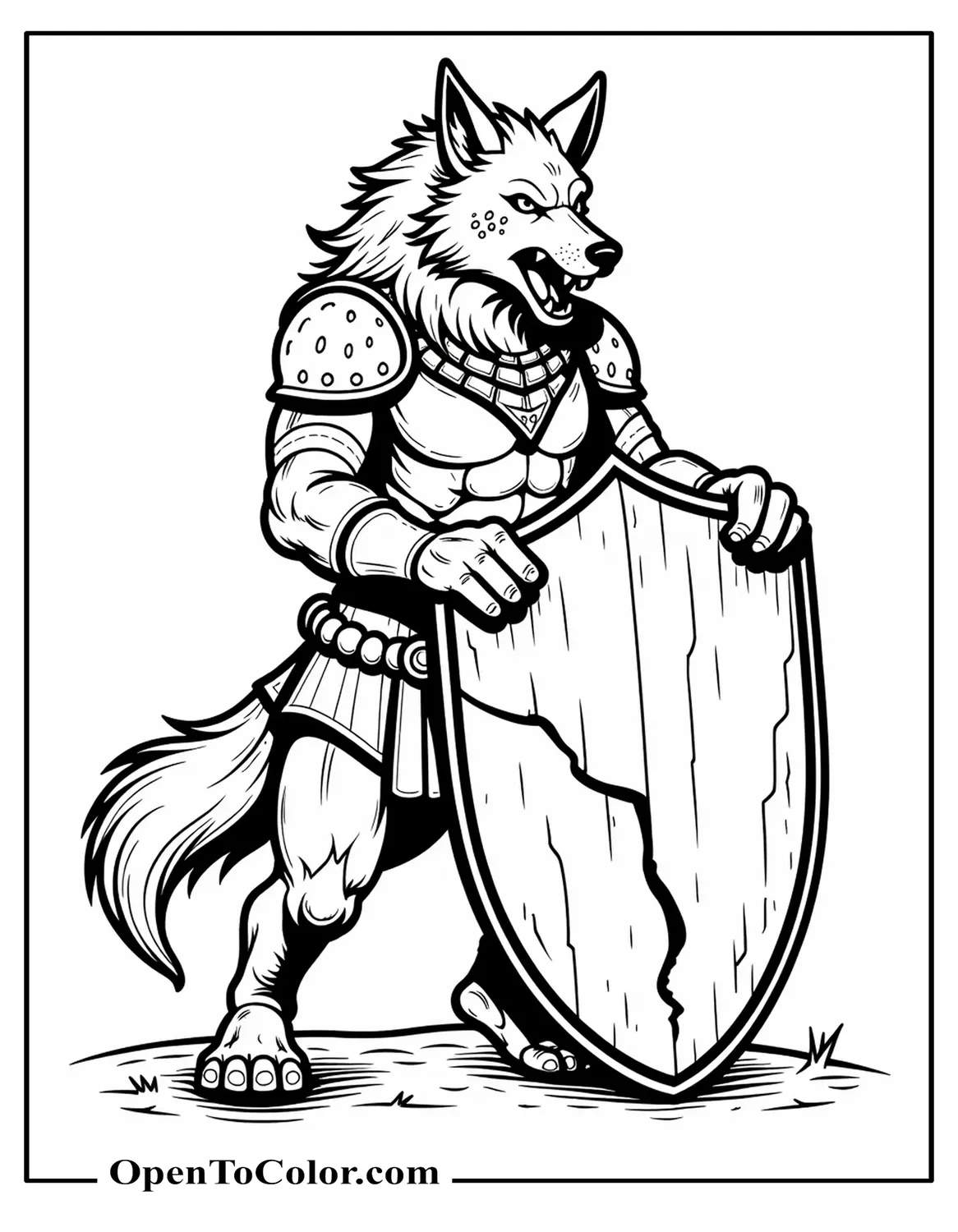 Printable Coloring Sheet of Dire Wolf with Battle Scars Guarding Broken Shield, Dramatic Stance