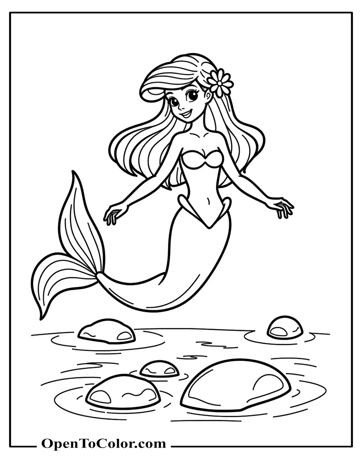 Free Coloring Page of Cute Disney Ariel Skipping Stones Across a Lagoon, Flower Tucked Behind Her Ear