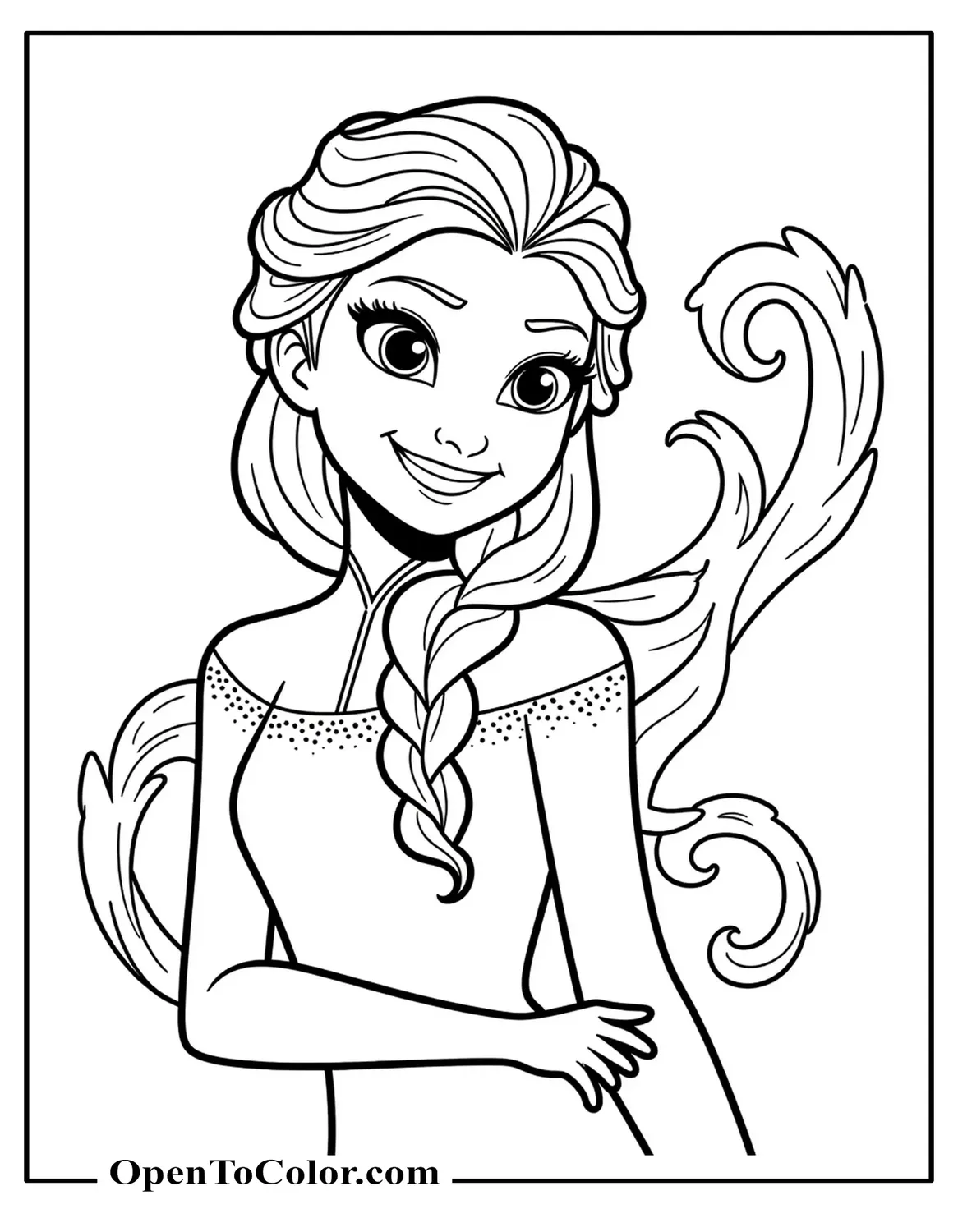 Disney-style Elsa smiling, surrounded by swirling snow curls, coloring page, printable