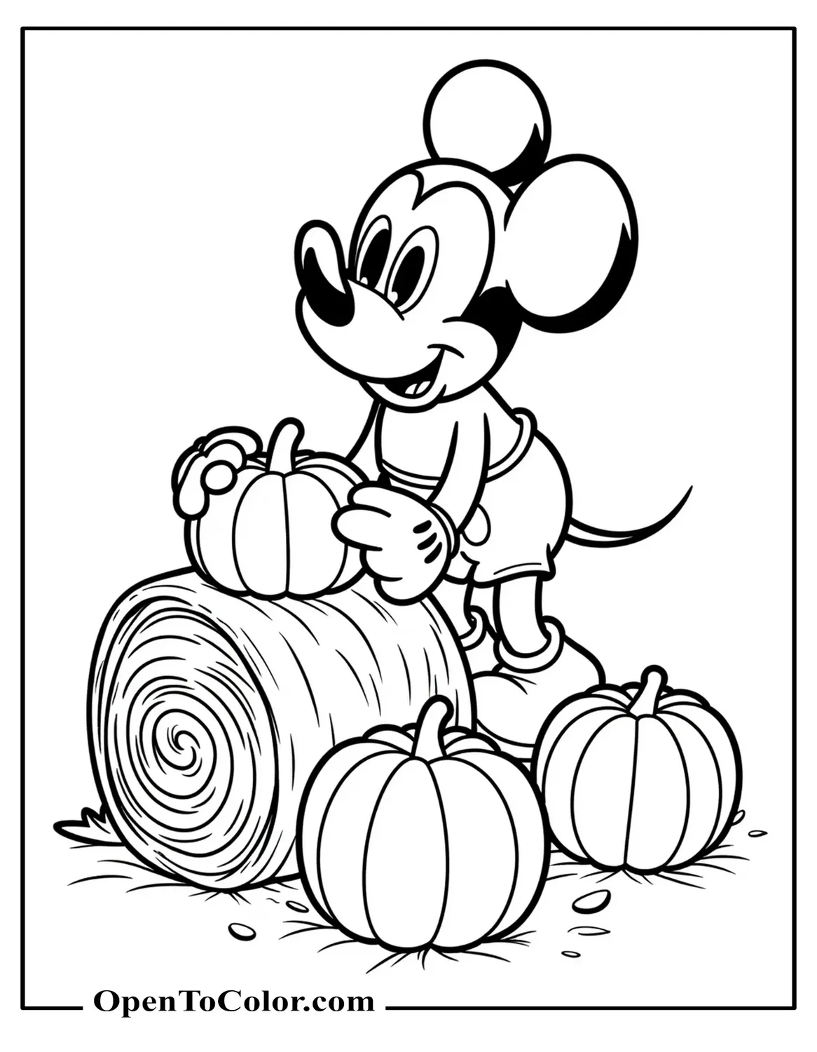 Disney-style Mickey Mouse stacking three pumpkins beside a hay bale coloring sheet PDF