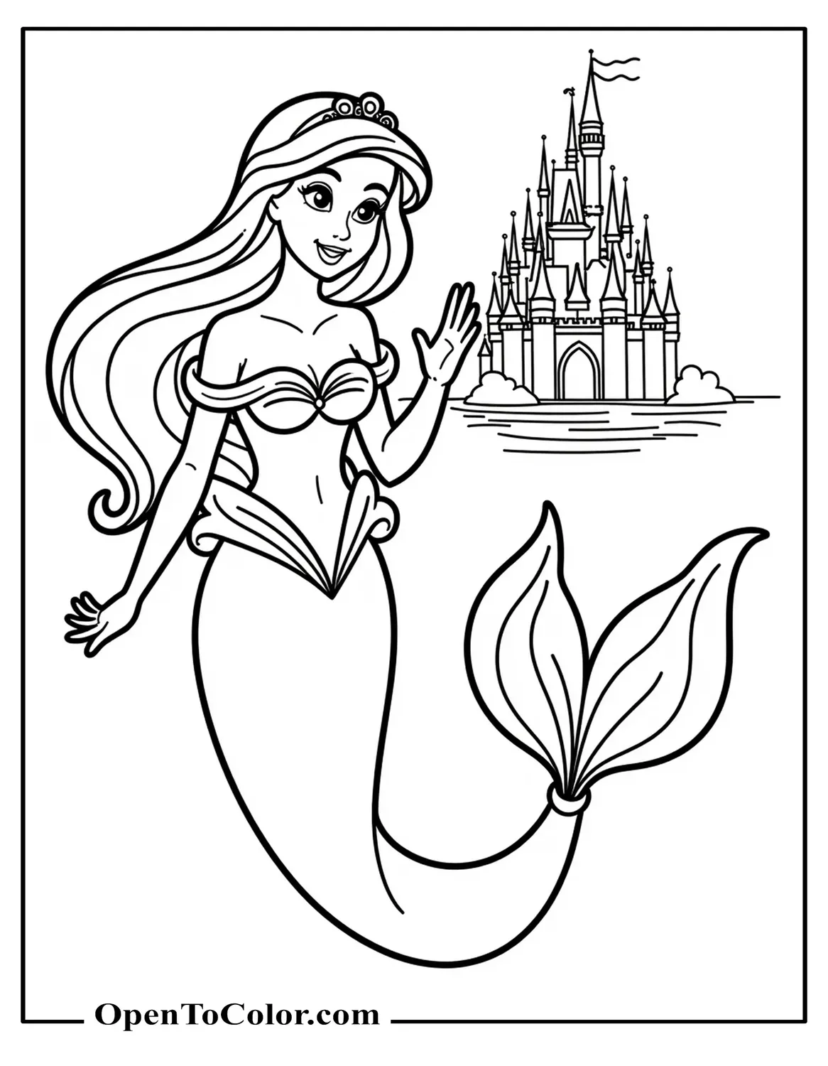 Disney-style mermaid coloring page waving with castle silhouette PDF