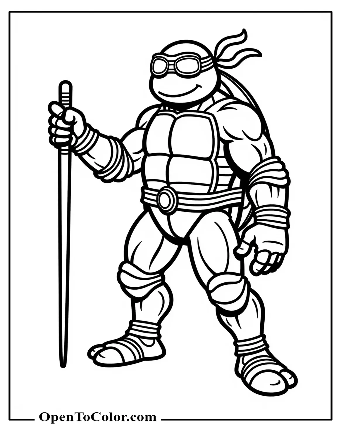 Semi-realistic Donatello Ninja Turtle coloring sheet, adjusting tech goggles while holding Bo staff, PDF.
