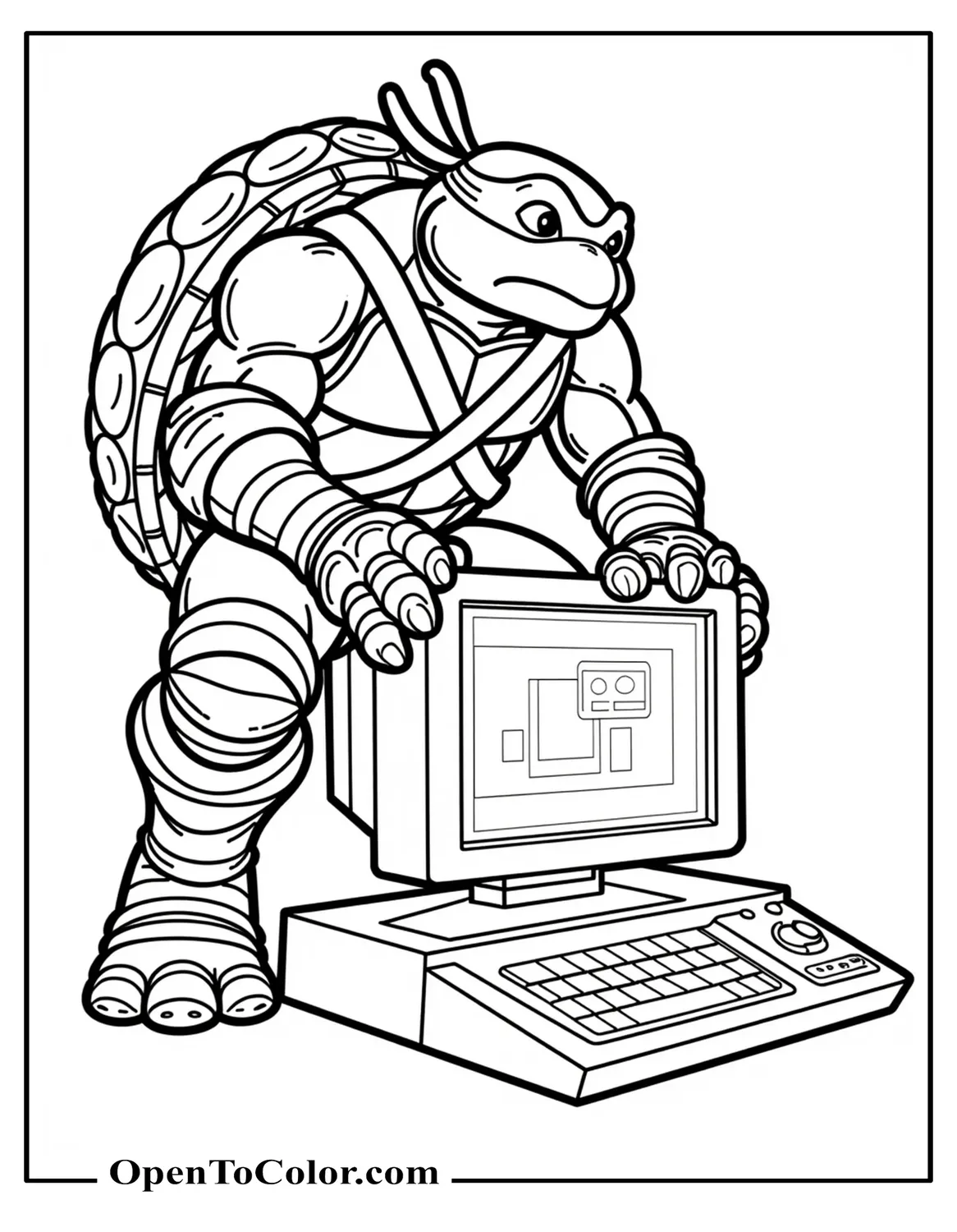 Donatello TMNT Ninja Turtle Coloring Page Perched Atop Computer Console, Printable Digital Screens Glowing