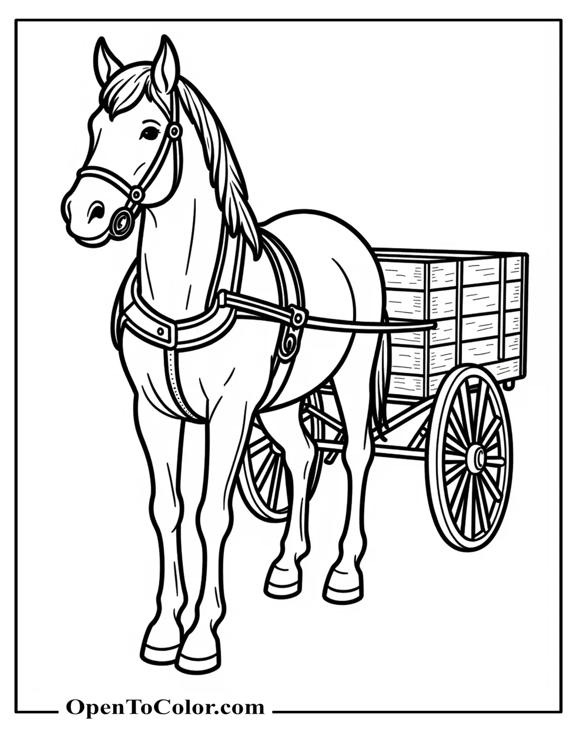 Draft Horse Pulling Wooden Farm Wagon Coloring Sheet PDF