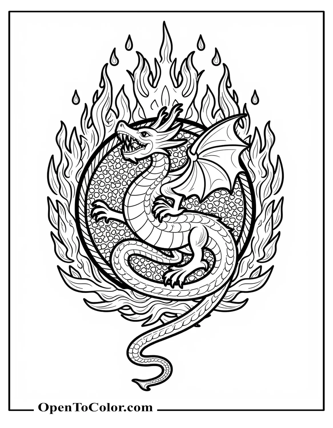 Highly detailed dragon wrapped around mandala of flames coloring page PDF