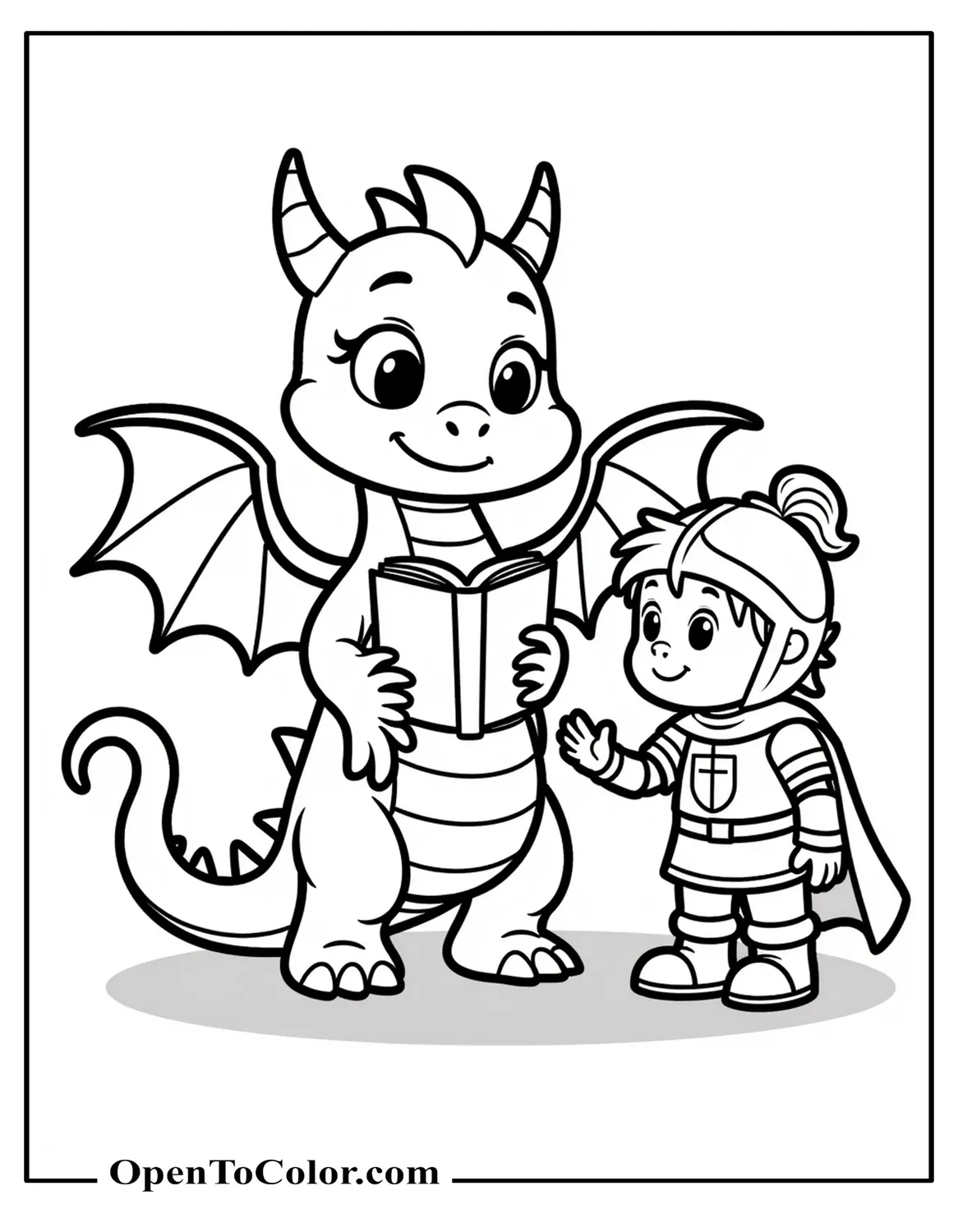 Free Coloring Sheet of Friendly Cartoon Dragon Sharing Storybook With Small Knight