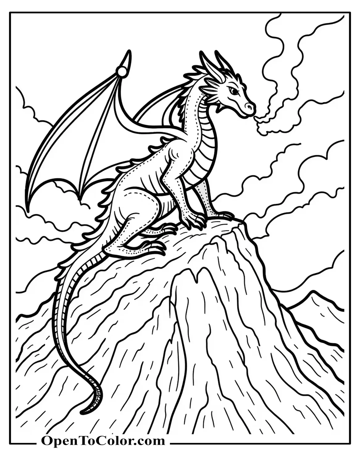 Majestic Dragon Coloring Page PDF Perched Atop Craggy Mountain Breathing Mist