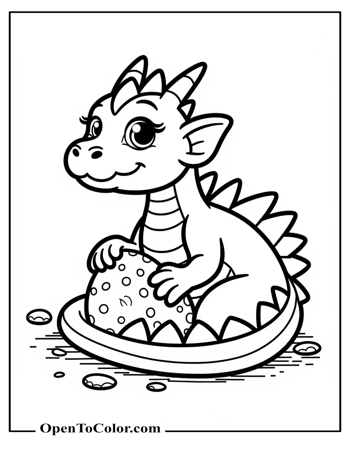 Watchful dragon coiled protectively around speckled egg coloring sheet PDF