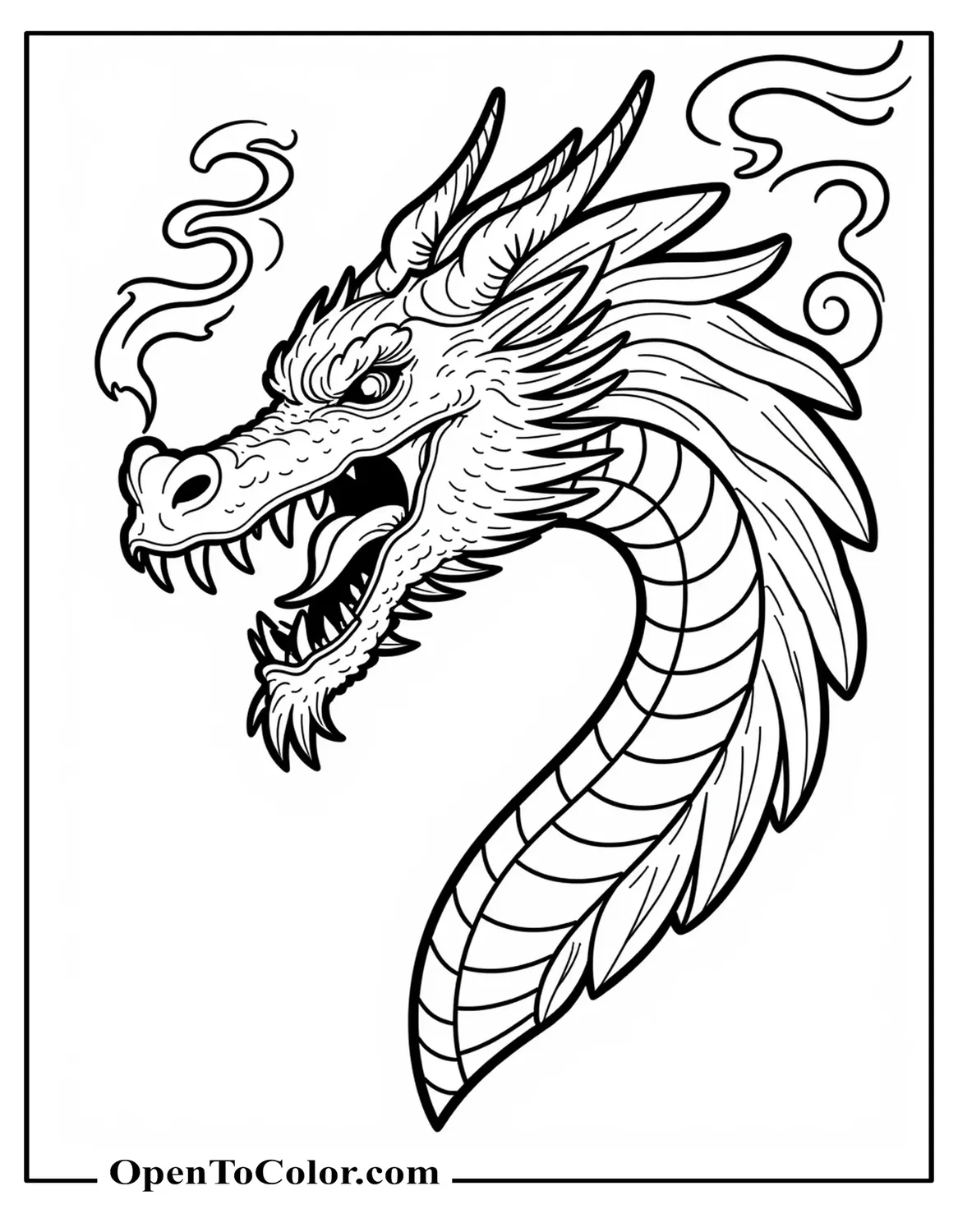 Roaring dragon head surrounded by curling smoke, printable coloring sheet.