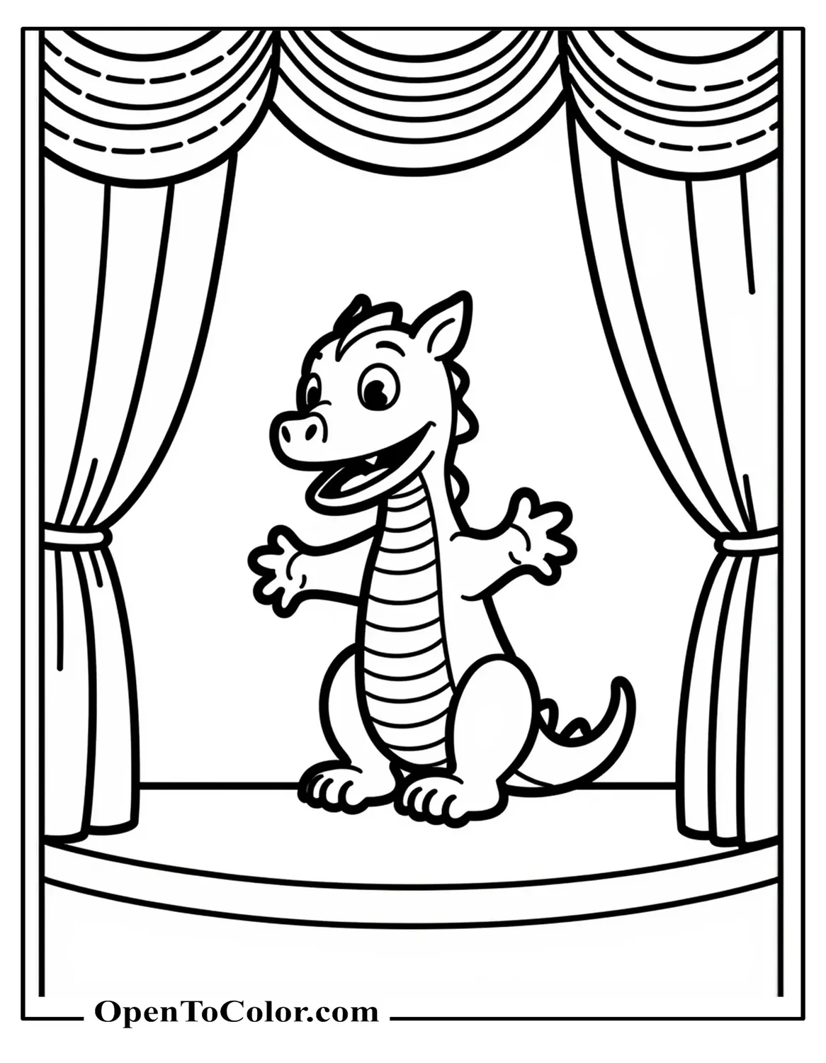 Printable Coloring Sheet of Hand Puppet Dragon Performing on Stage with Curtains