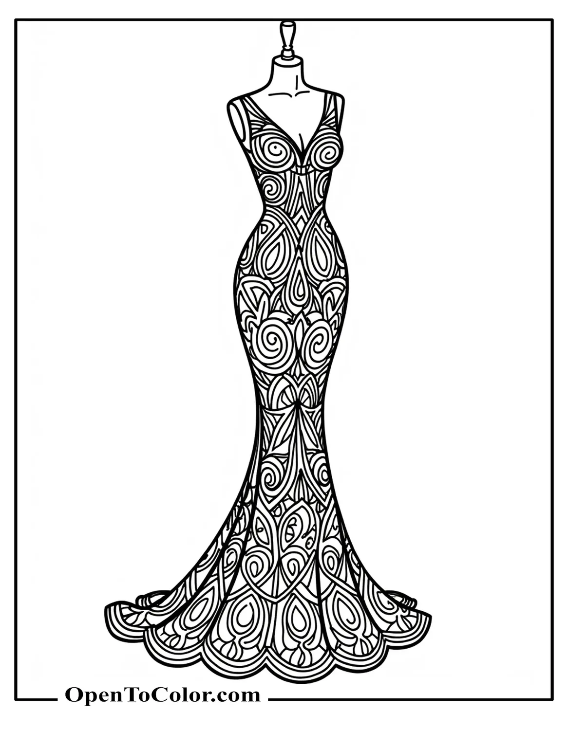 Free Coloring Page of Intricate Patterned Evening Gown with Paisley Panels on Mannequin, Detailed Outlines
