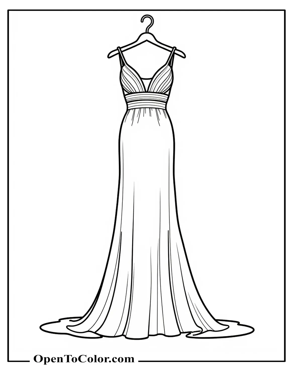 Elegant Evening Dress Coloring Page PDF On Hanger With Gentle Folds, Clean Outline, No Shading