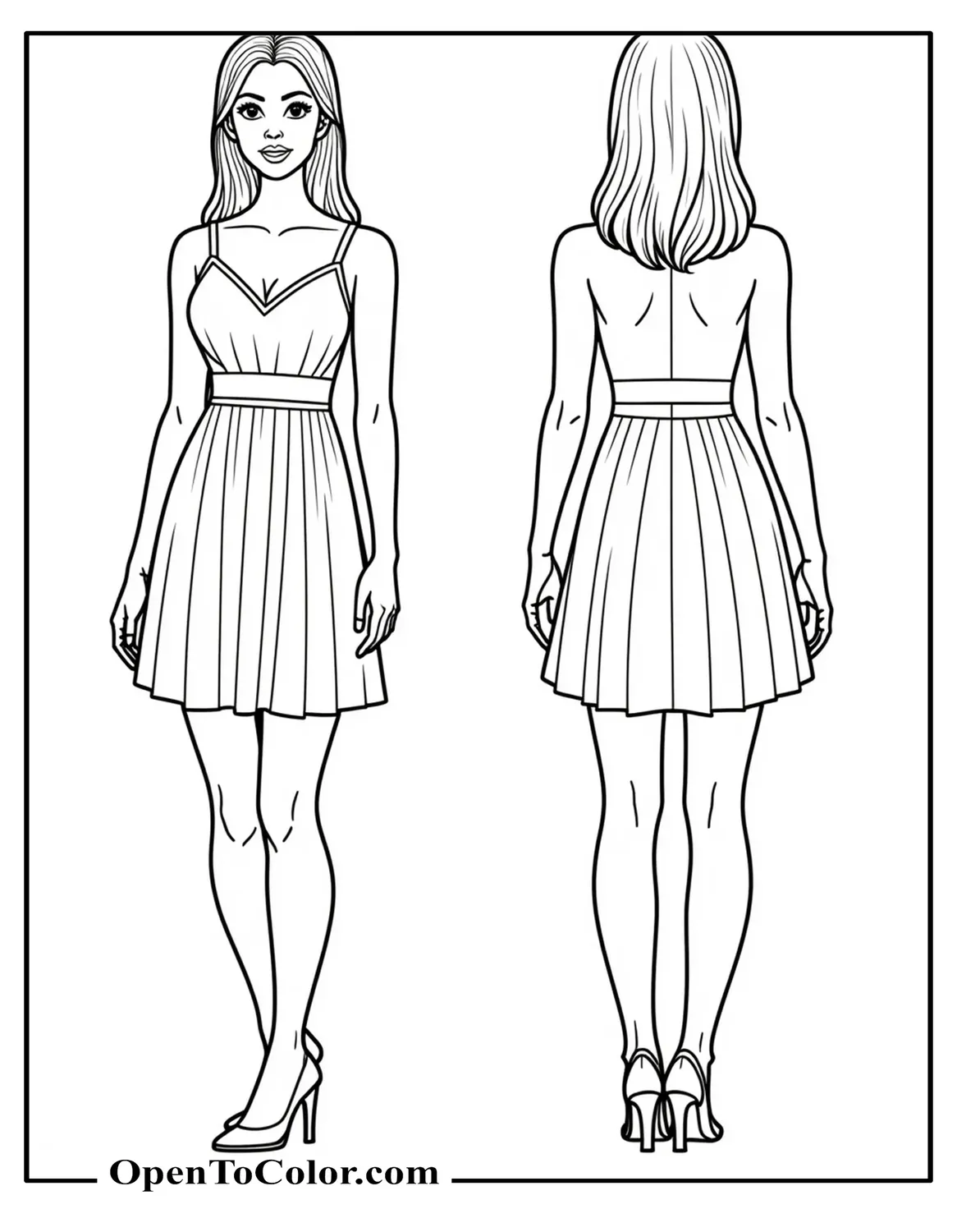 Simple A‑Line Dress Front And Back Views Side By Side, Clean Outline Drawing, Coloring Sheet PDF
