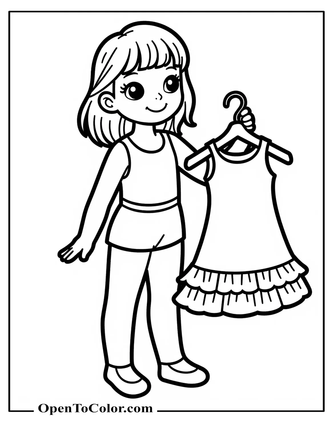 Printable Coloring Sheet of Doll Wearing Plain Slip and Holding Hanger with Frilly Dress, Bold Outline Drawing