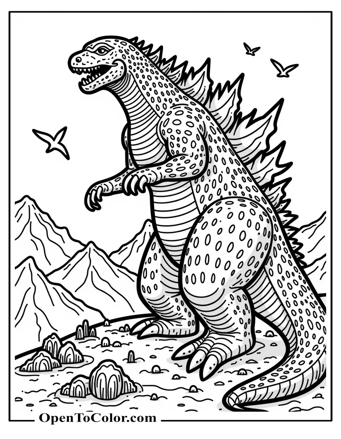 Printable Coloring Sheet of Earth Godzilla Colossal Moss-Covered Scales Towering Above Mountains, Birds Circling, Serene
